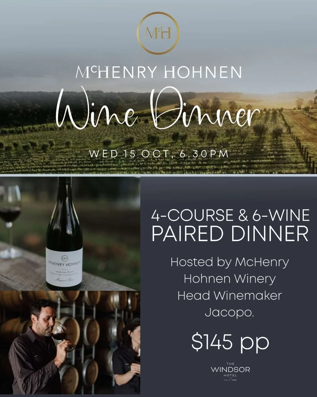 Hello wine lovers! 🍷 We&rsquo;re excited to announce our next wine dinner on October 15 with @mchenryhohnen &lsquo;McHenry Hohnen Wines.&rsquo;

Hosted by Head Winemaker Jacopo, this exclusive evening features 4 courses, 6 wines, and a rare opportun