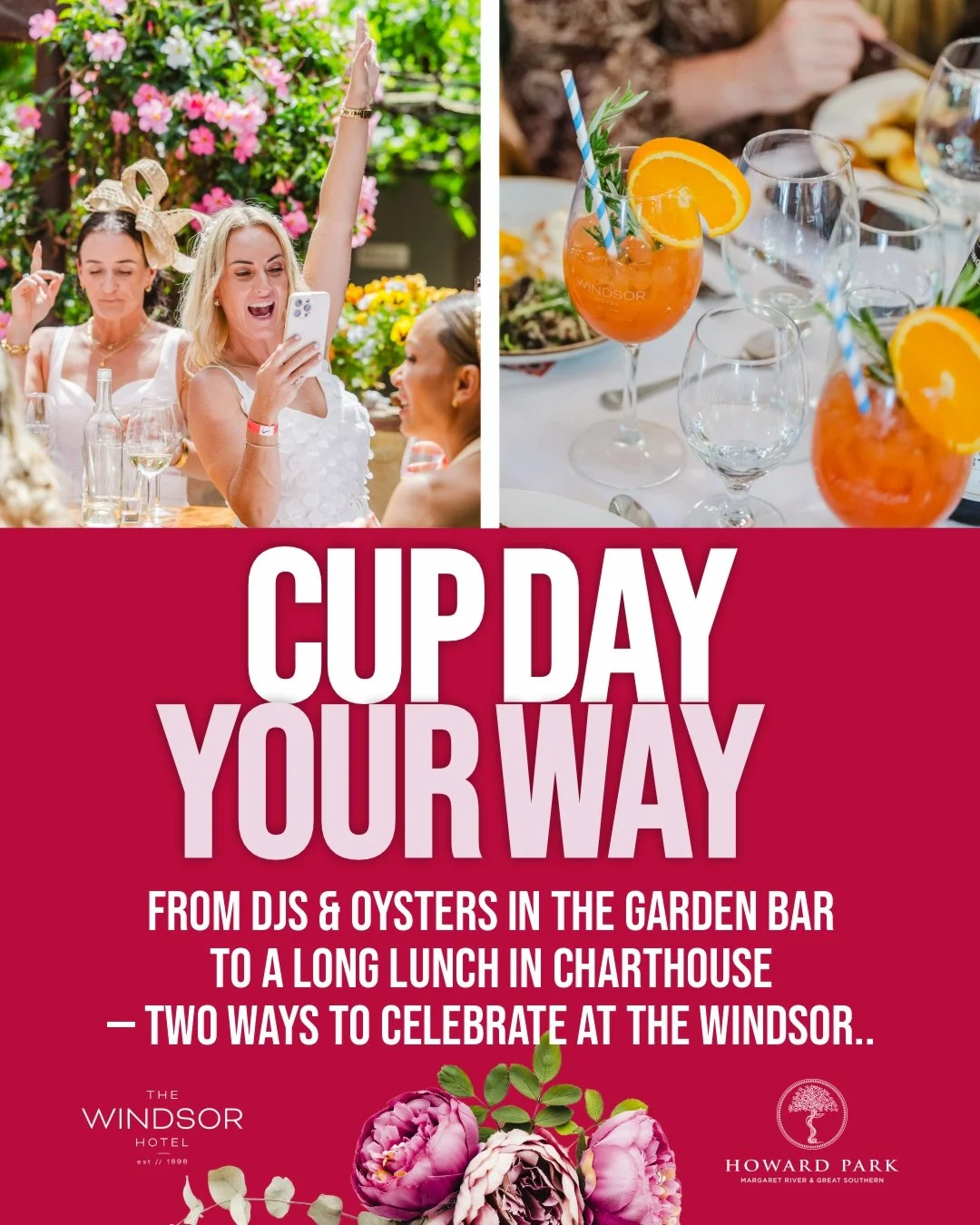 Your Cup Day, your way 🥂From DJs and Leeuwin Coast oysters in the Garden Bar to a long lunch in Charthouse &mdash; celebrate all day long with @HowarParkWines at The Windsor.

✨ Garden Bar: DJs, oysters &amp; alfresco vibes
✨ Charthouse: Long lunch 