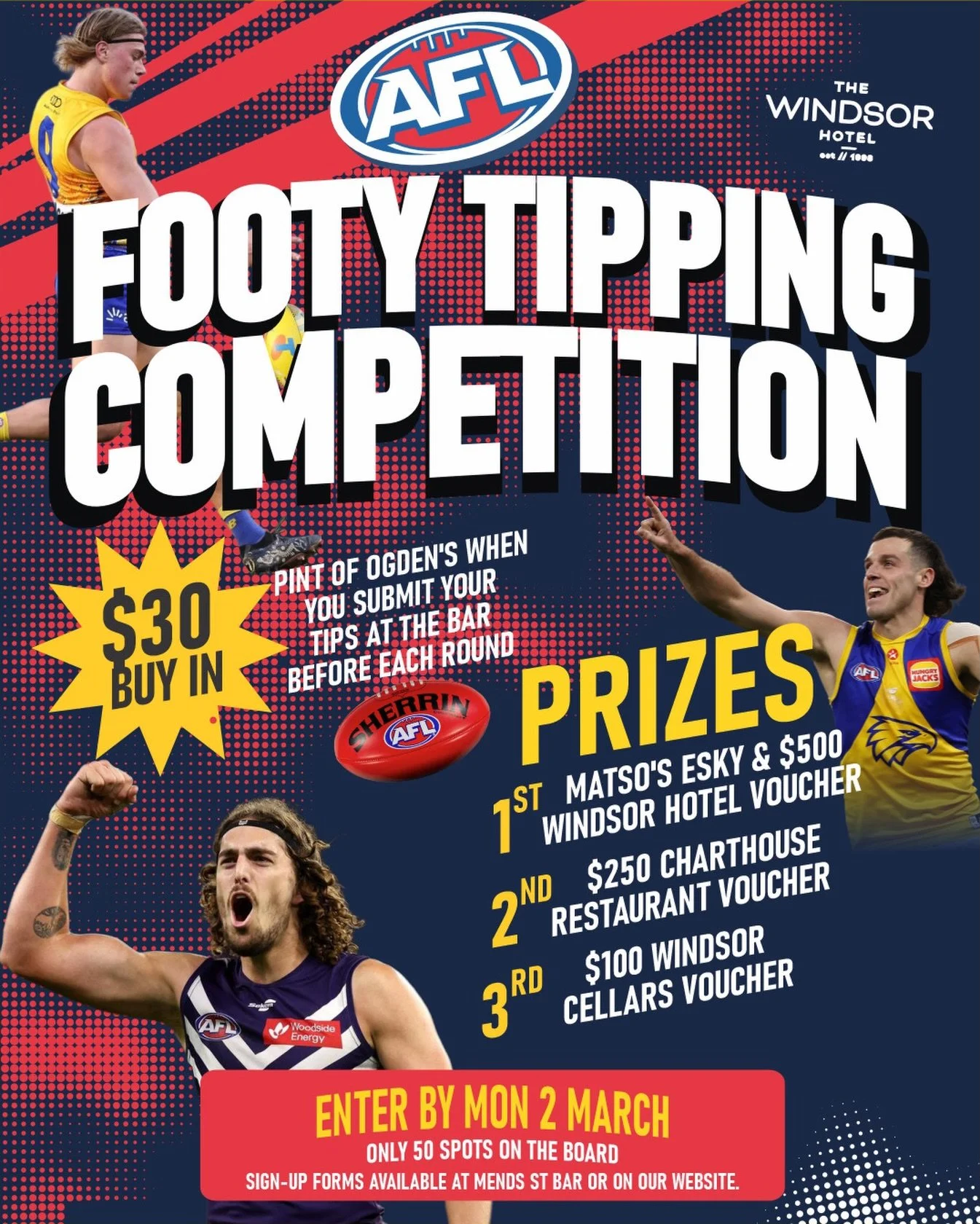 Our famous, sell-out Footy Tipping Comp is back! 🏉

Think you&rsquo;ve got those Brownlow-level footy smarts? Time to prove it and get on top of the table.

Only 50 spots on the board &ndash; $30 buy-in + a FREE pint 🍺 of Ogden&rsquo;s every time y