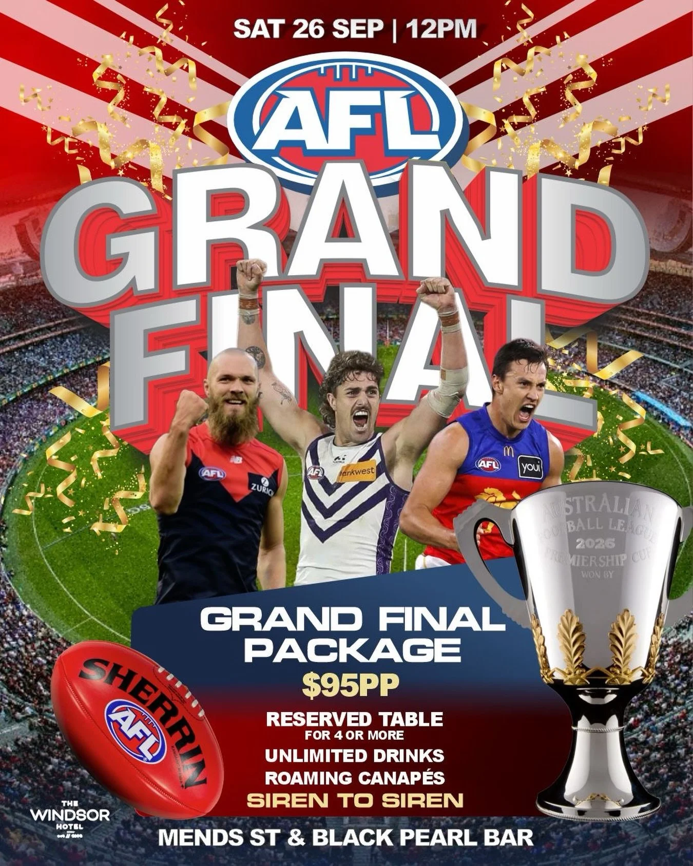 🏆 Footy Grand Final - big screens, bigger crowd, epic energy. You in? 

The Windsor will transform into Grand Final HQ on Saturday 26 September with the game on every screen, the beers icy cold, the crowd poppin&rsquo; off &amp; the 🏉 ready to fly!