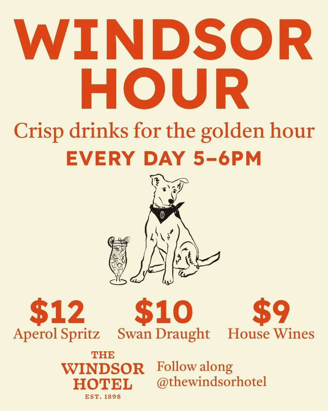 Windsor (Happy) Hour just got a whole lot better and there&rsquo;s no better weekend starter! 🌞 

As the days get longer and golden hour lingers, come in for a cheeky beverage deal to wrap up your day or kick off your night. 

🍹 $12 Aperol Spritz
?
