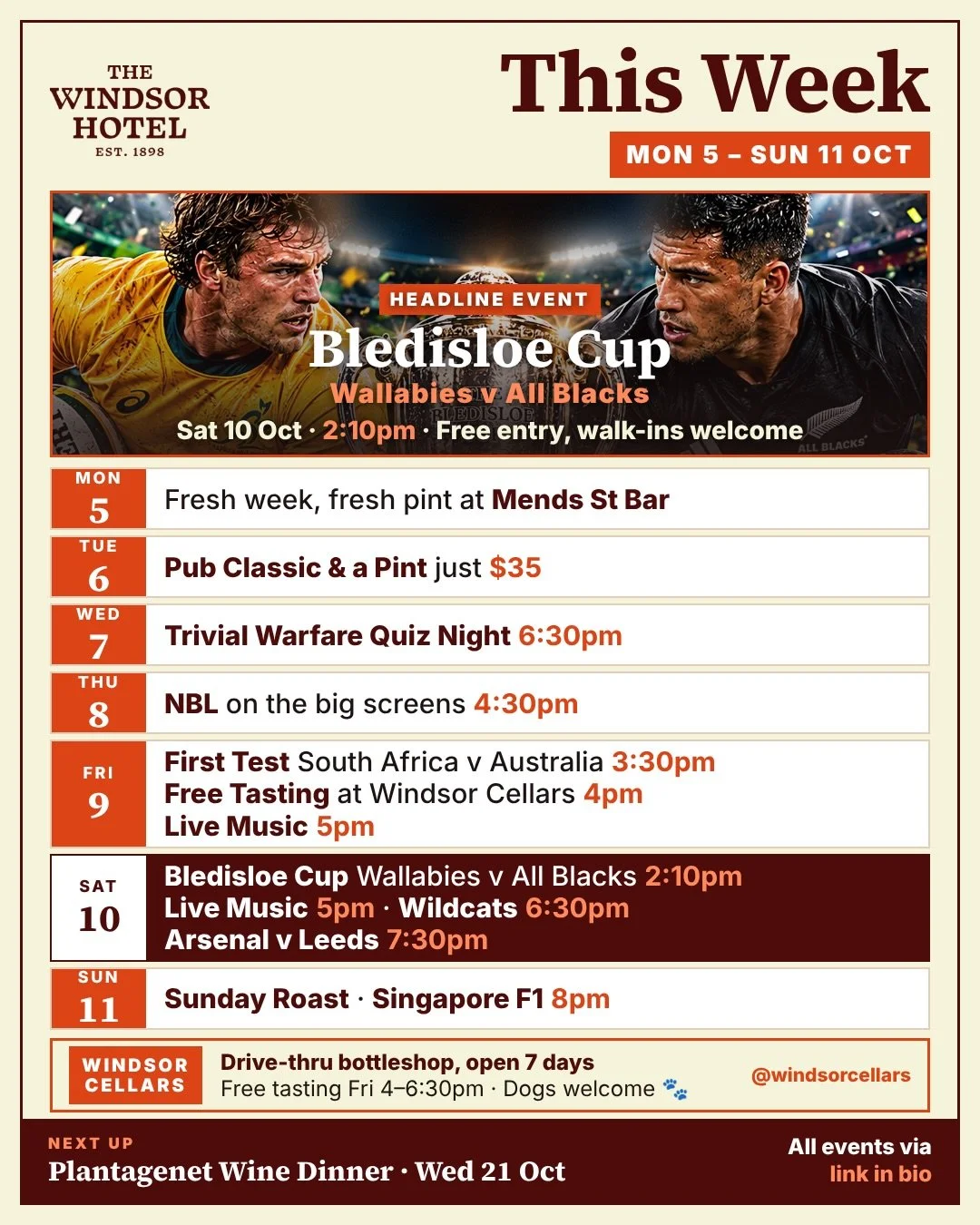 Say hello to your new weekly round-up 👋 6 bars, 8 event spaces, @windsorcellars &amp; a whole lot going on.

Here&rsquo;s what&rsquo;s happening &amp; where at your local this week!

🏉 Bledisloe Cup game 1 gears up as Wallabies v All Blacks, Saturd