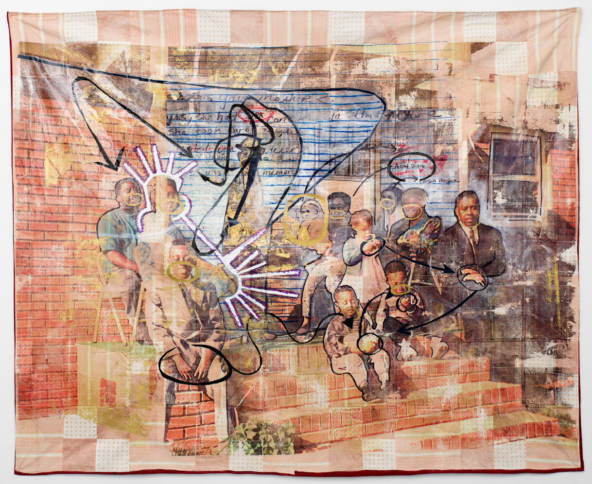   Stephanie J. Woods,   Bruce Hill BLVD , 2020, family photos transferred onto hand-cut and sewn quilt tops, textile foil, heat transfer vinyl, Sharpe, textile paint, and polished furniture vinyl, 5.5ft X 7ft 