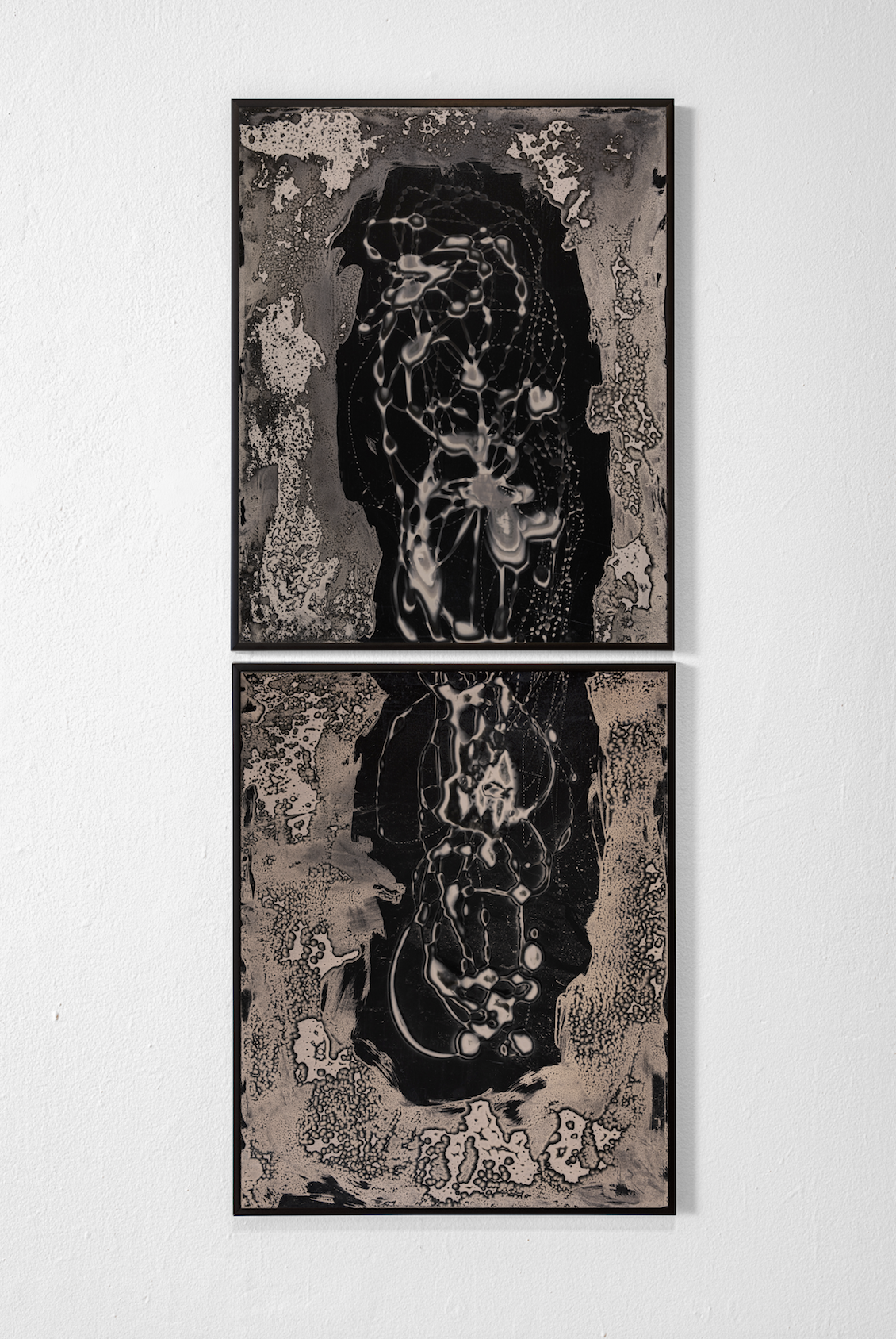   Kei Ito ,  Under My Skin #9 , 2021, Silver gelatin monoprint chemigram (Sunlight, Honey, Oil), Metal frames, 17”x42” 