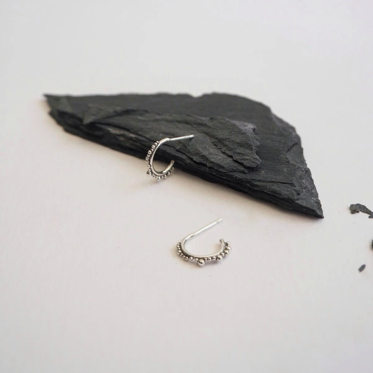 Sol Ear Huggers, Recycled Granulated Silver Hoops