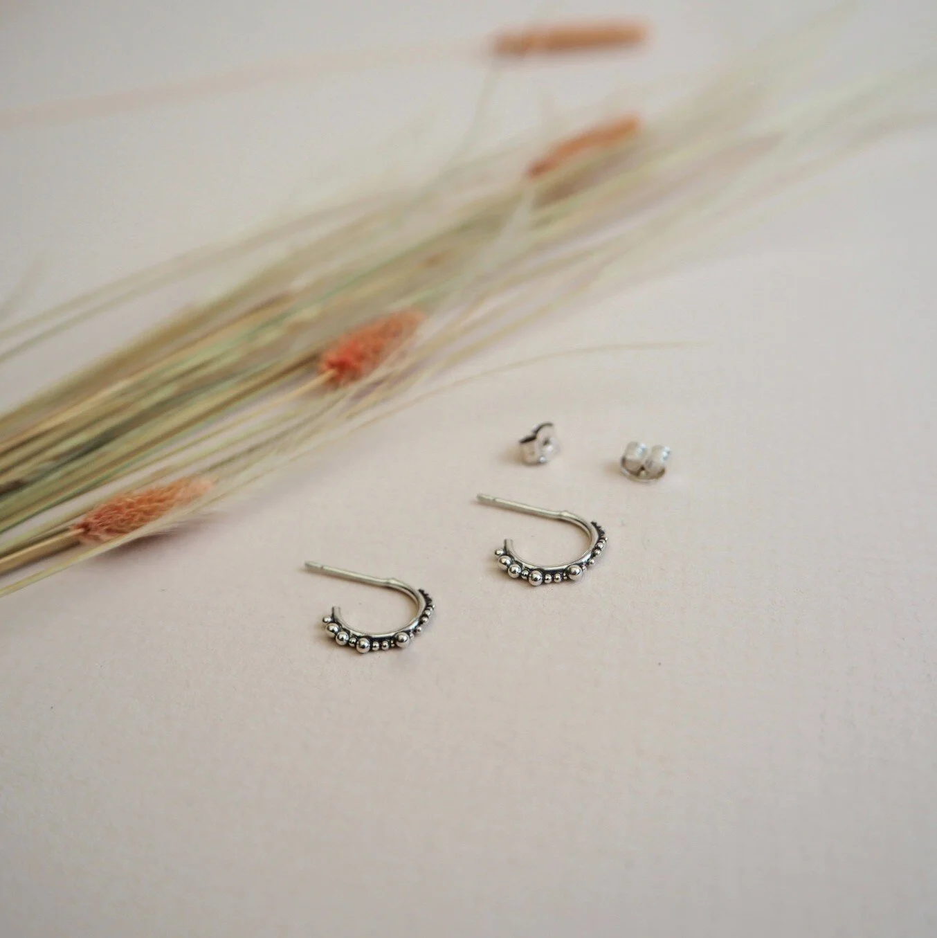 Sol Ear Huggers, Recycled Granulated Silver Hoops