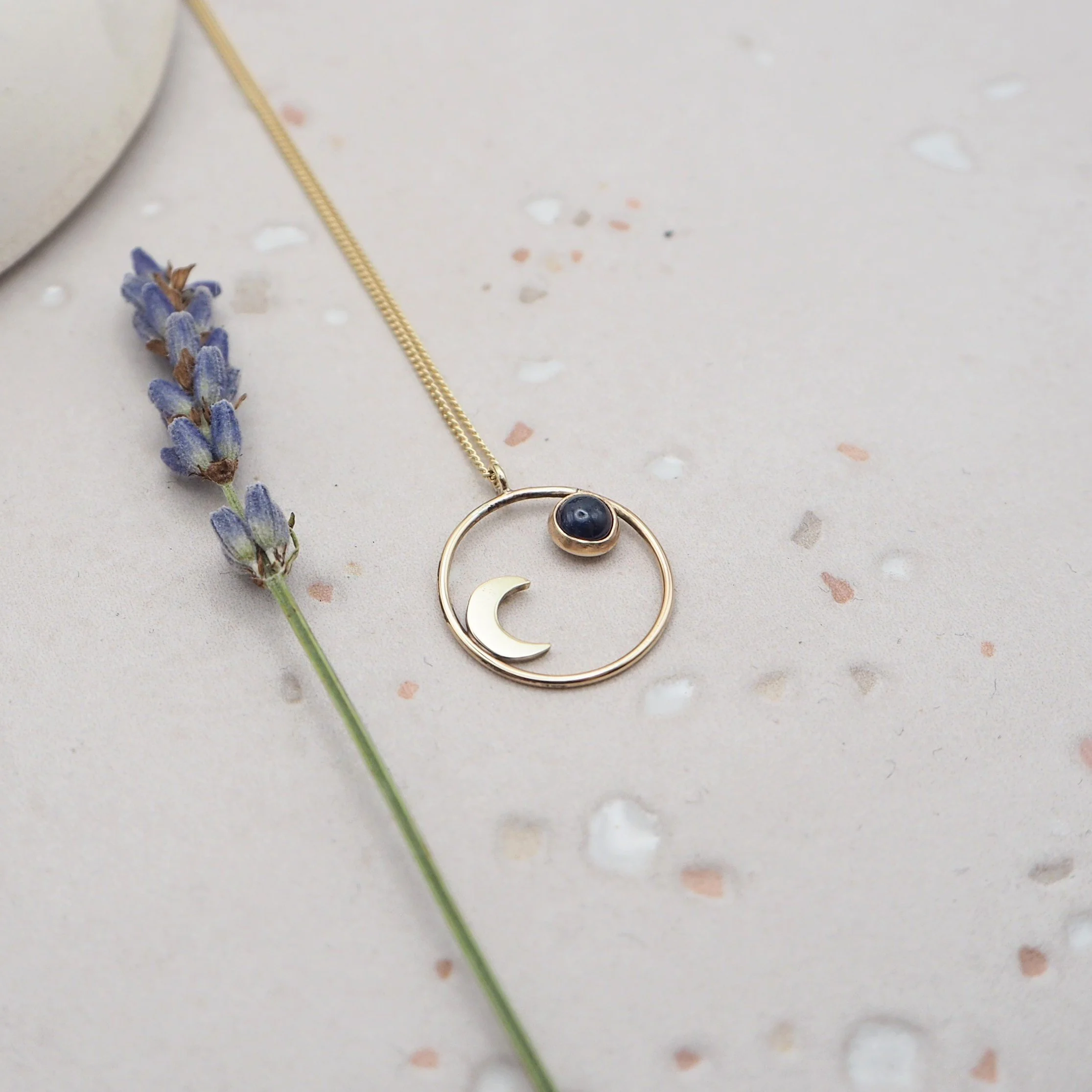 Recycled Gold Pendant Featuring Ethically sourced sapphire  and Crescent Moon
