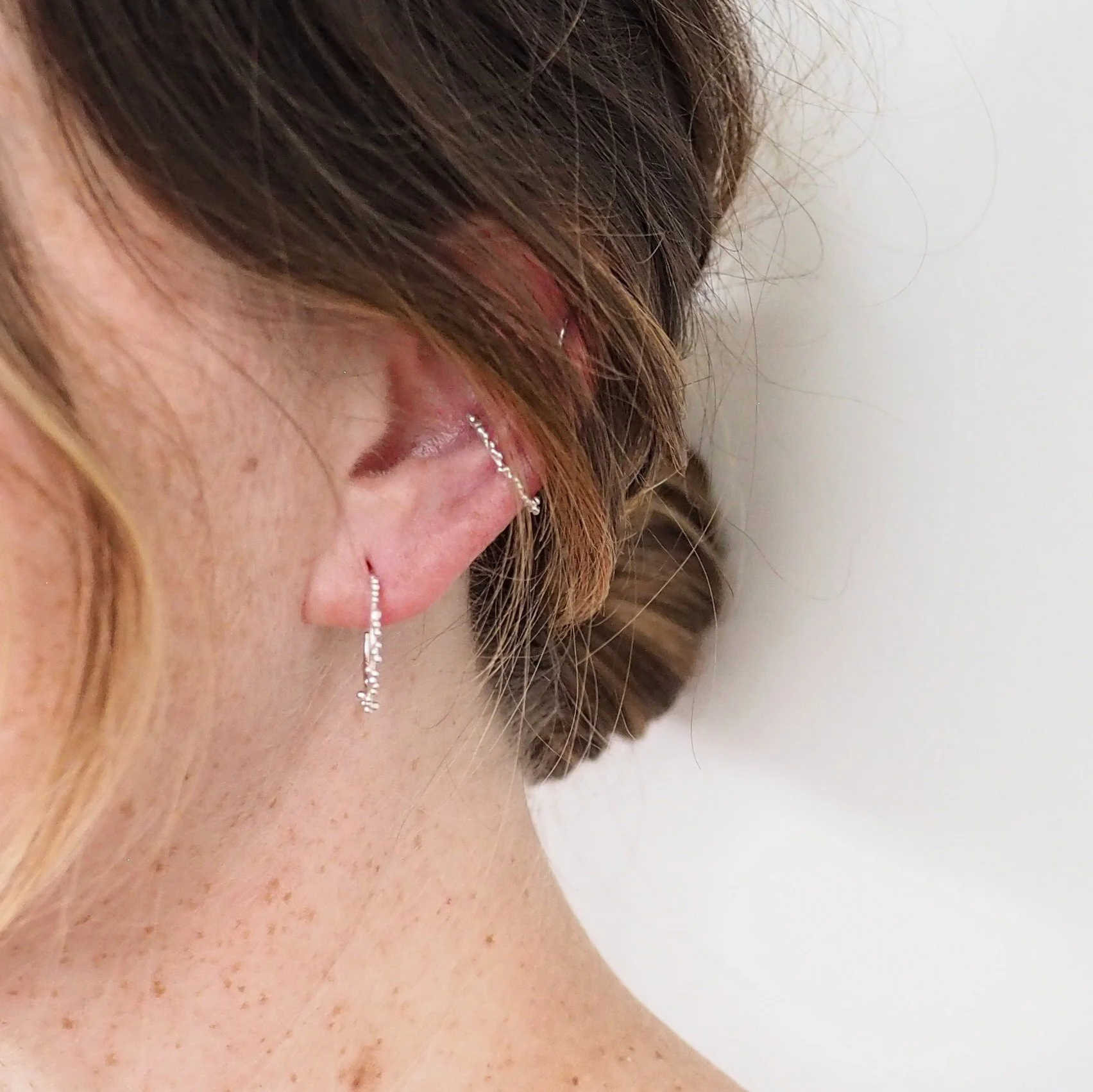 Recycled Silver Hoop Earring, Small size with granulated details being worn