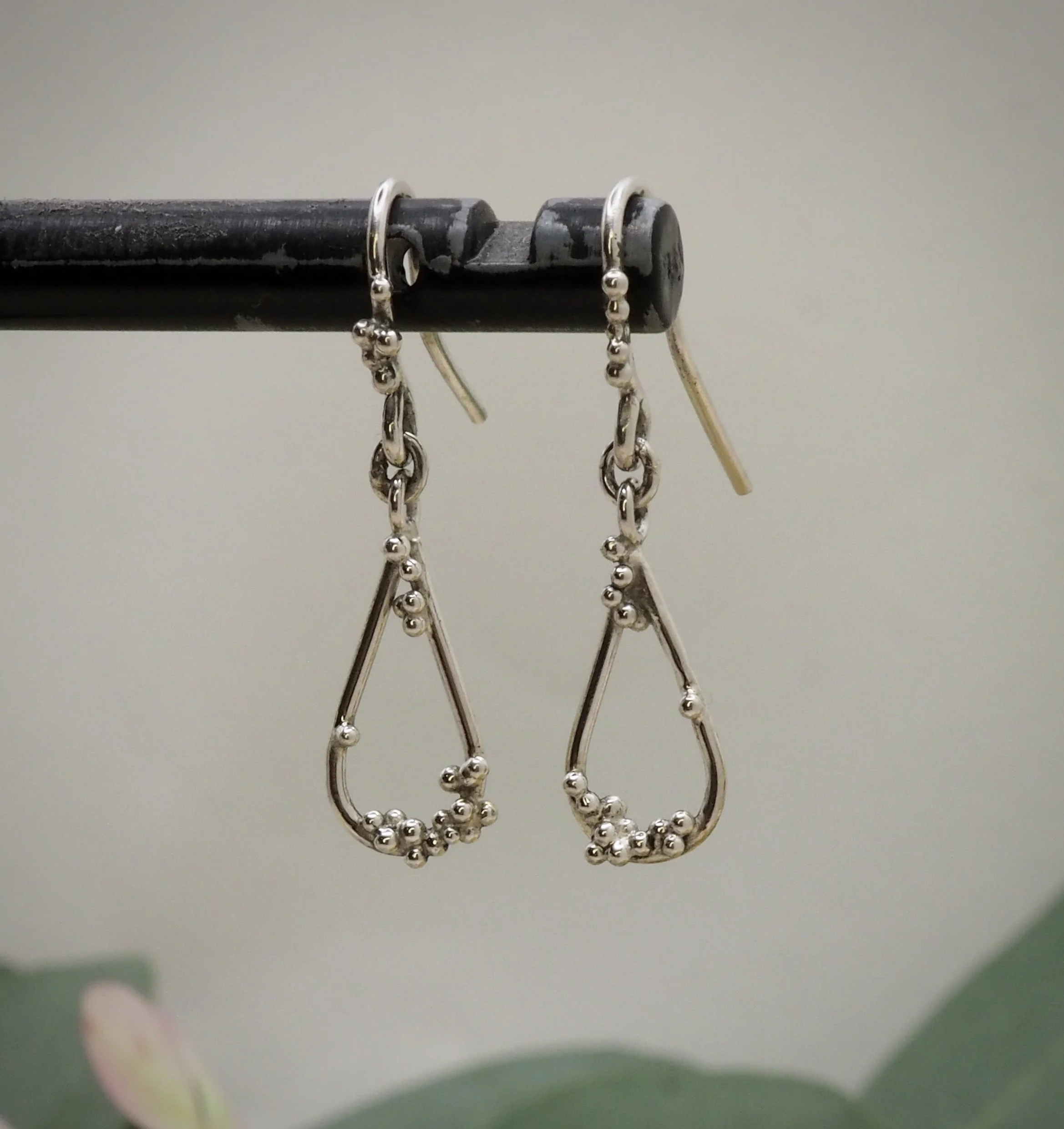 One of a kind recycled silver pear drop earrings