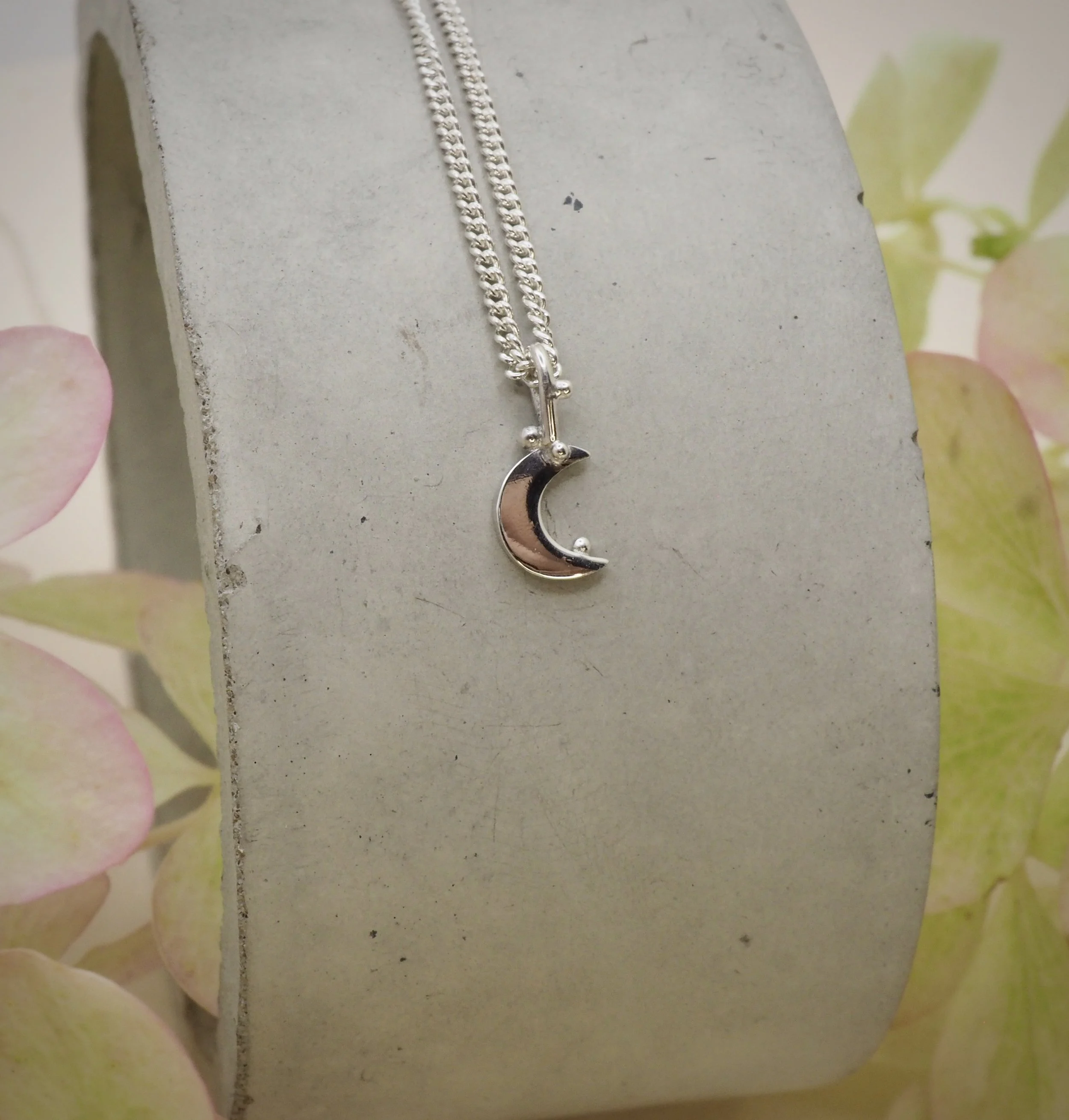 One of a kind recycled silver crescent moon pendant