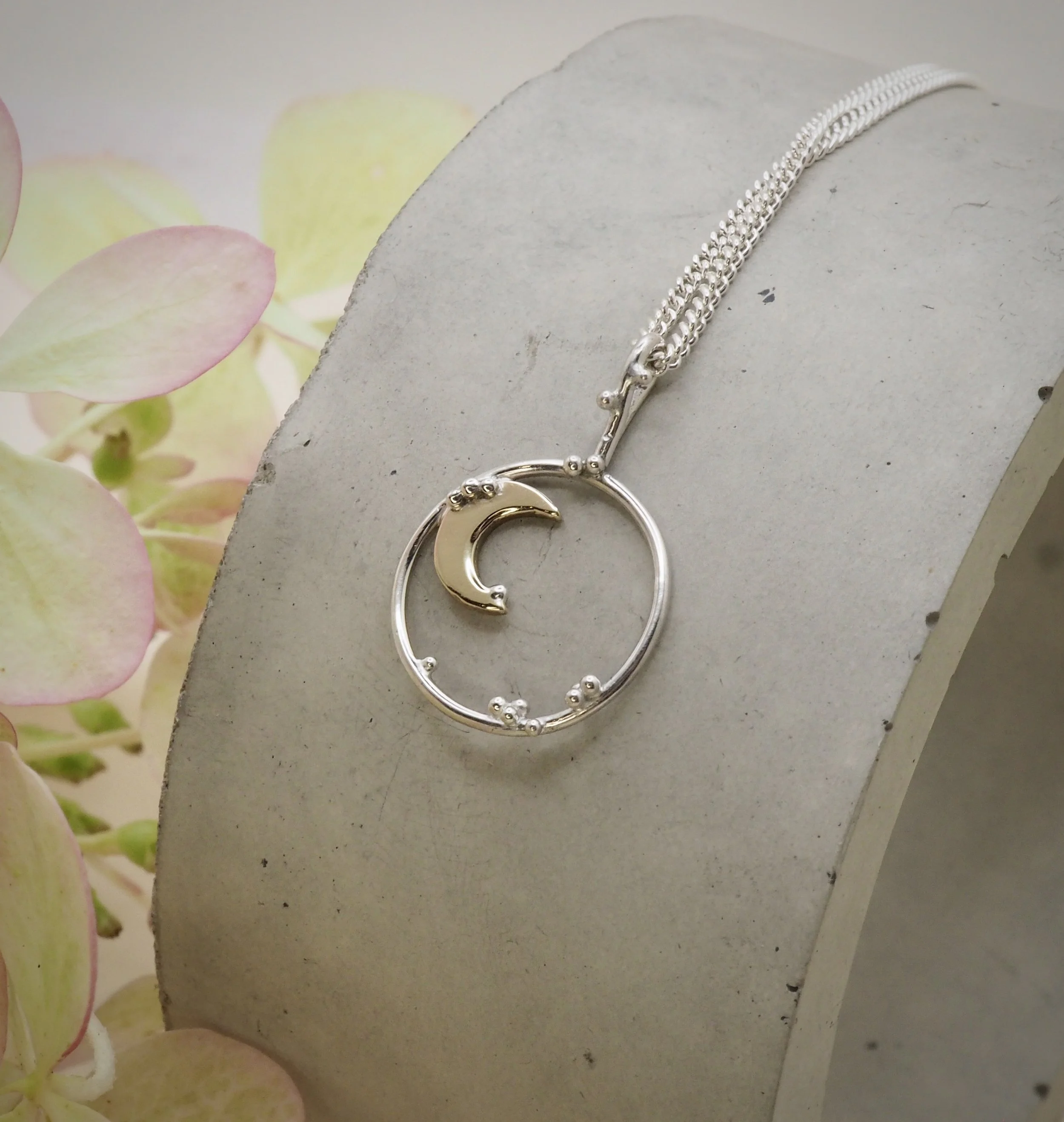 Recycled gold and silver crescent moon and stars pendant