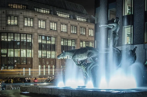 Oisín Kelly’s Chariot of Life sculpture in the front forecourt, facing Abbey Street