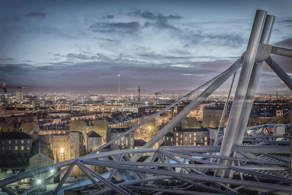 Roof structure in the foreground, the Spire in the background