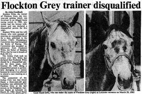 a newspaper clipping about Ken Richardson's horse racing scandal with Flockton Grey