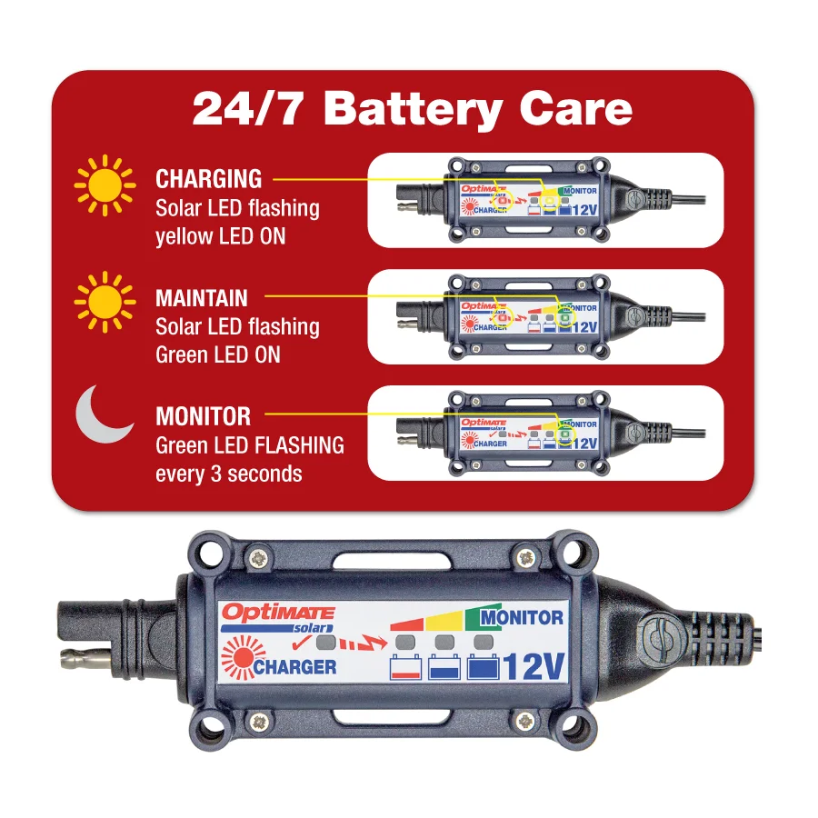 TM522-2, Optimate Solar 20W Battery Charger, Maintainer, Optimiser for Motorcycles, Cars, TECMATE
