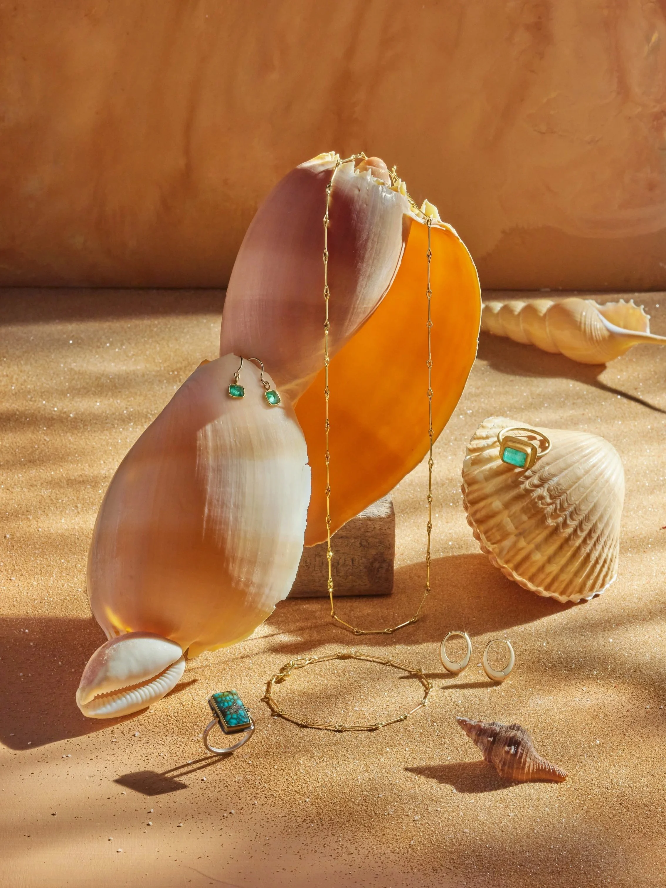 Seashells and jewelry, including rings, earrings, a necklace, and a bracelet, displayed on a sandy surface with soft lighting.
