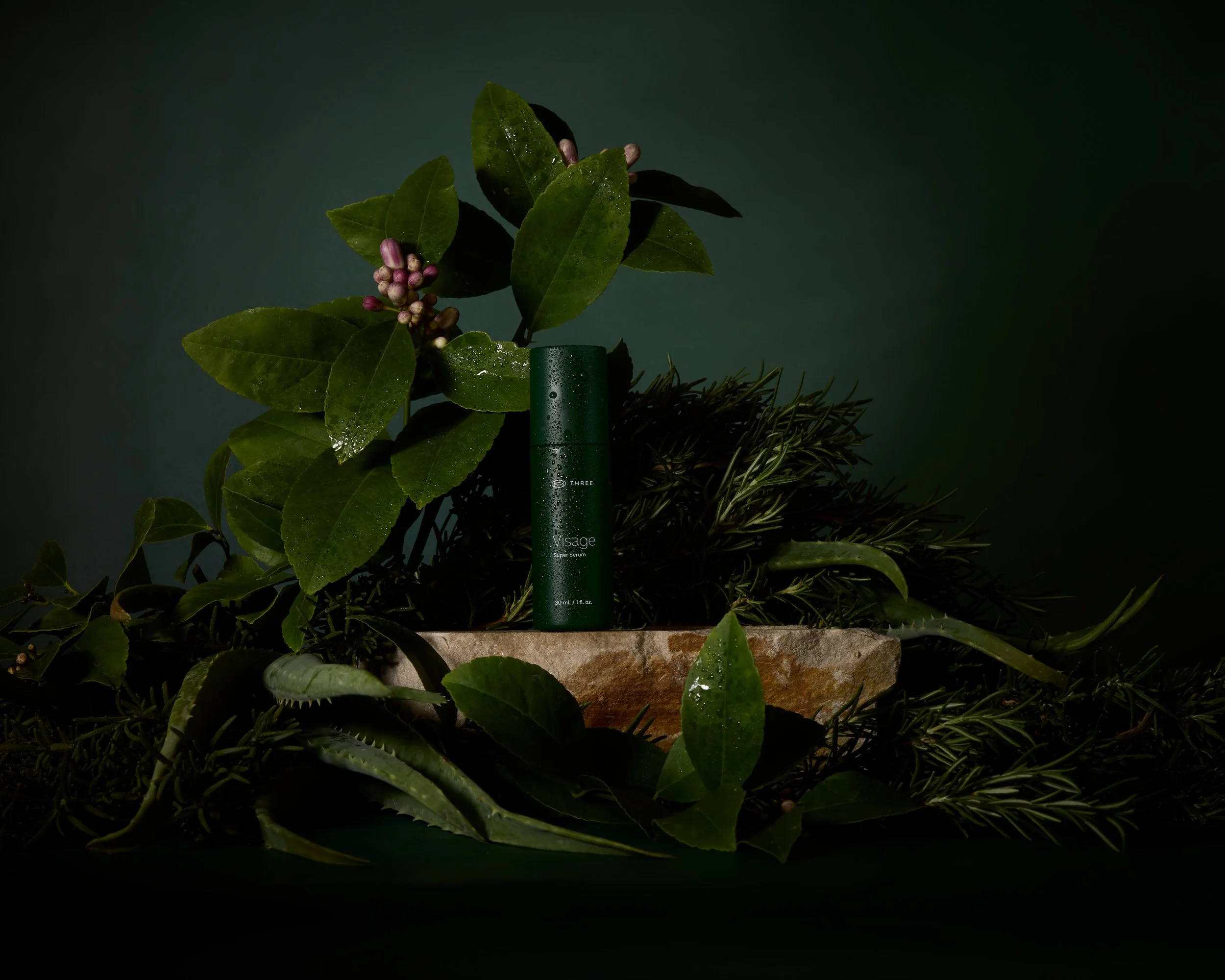 A green skincare product bottle positioned among lush green leaves and sprigs of herbs, with a dark background and subtle lighting highlighting the natural elements.