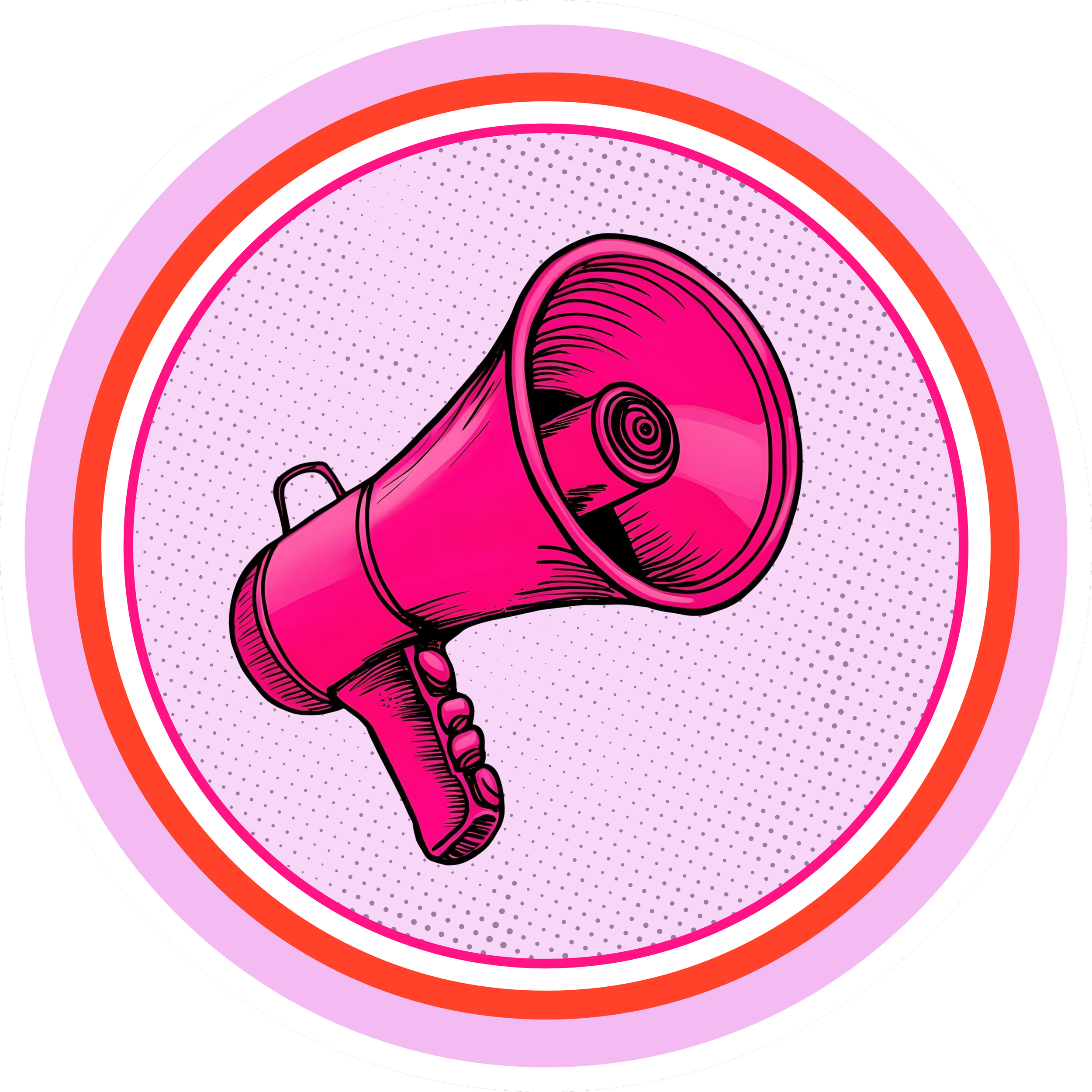 A pink illustrated megaphone with a handle, illustrated in a pop art style, set against a dotted purple background with pink, white, and red concentric circles.