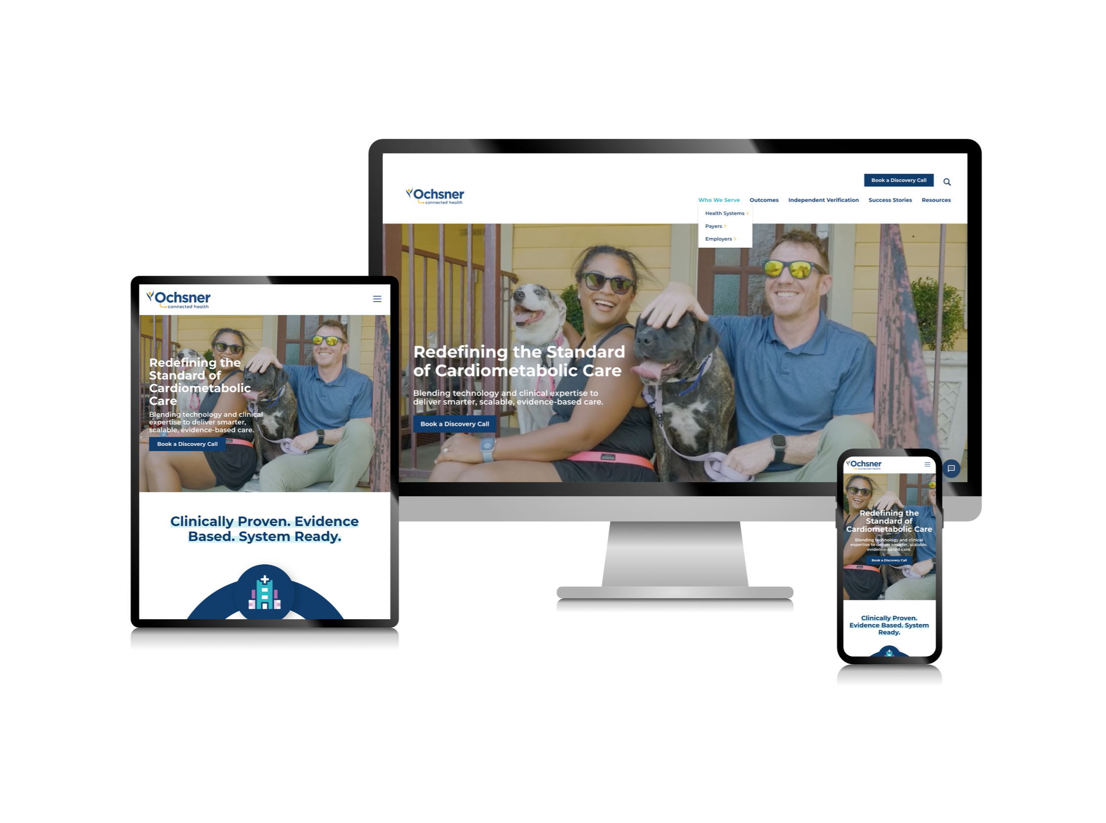 A landing page mockup with desktop, tablet, and phone screen sizes
