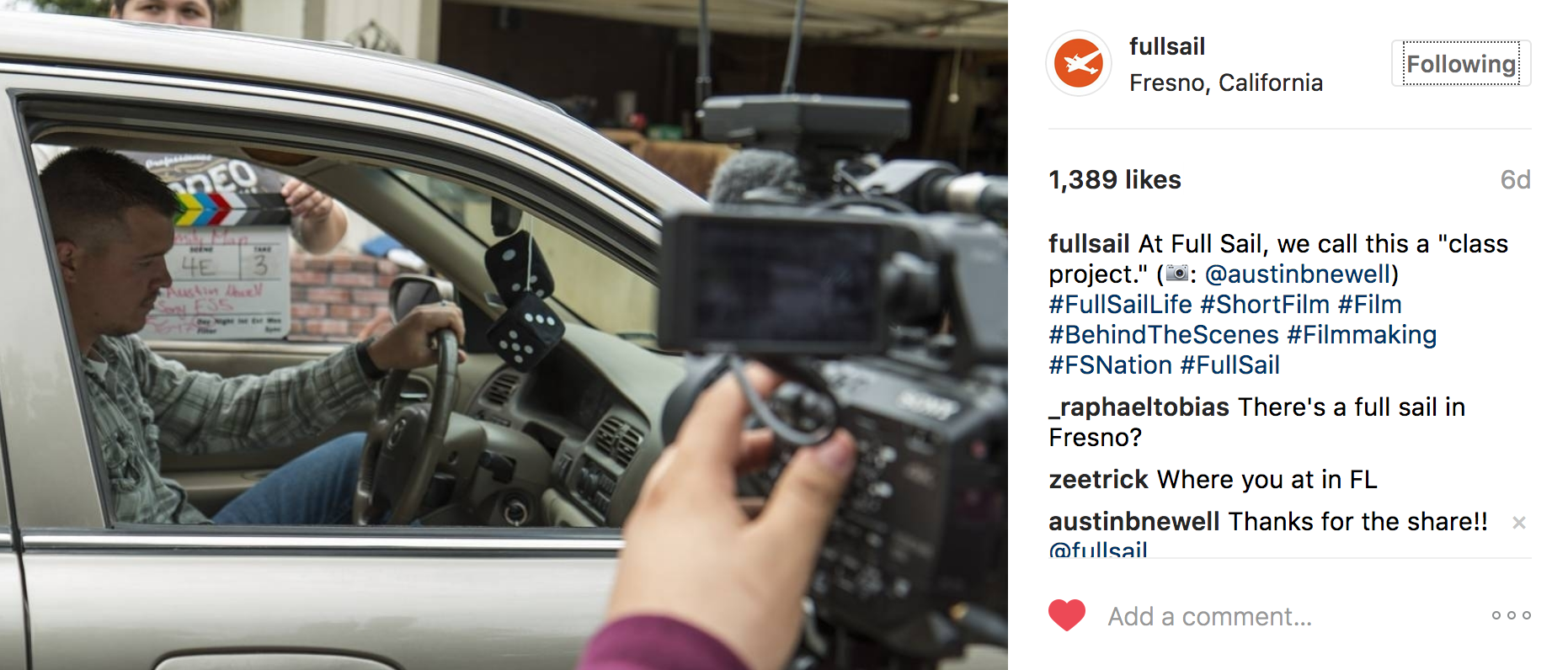 Austin Newell short film BTS photo on Full Sail University Instagram