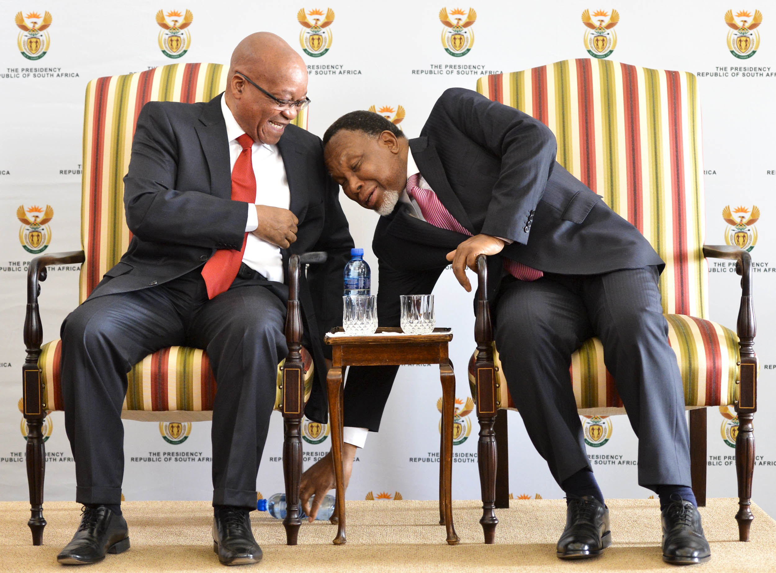  President Jacob Zuma and then deputy president Kgalema Motlanthe share a lighter moment.&nbsp; 