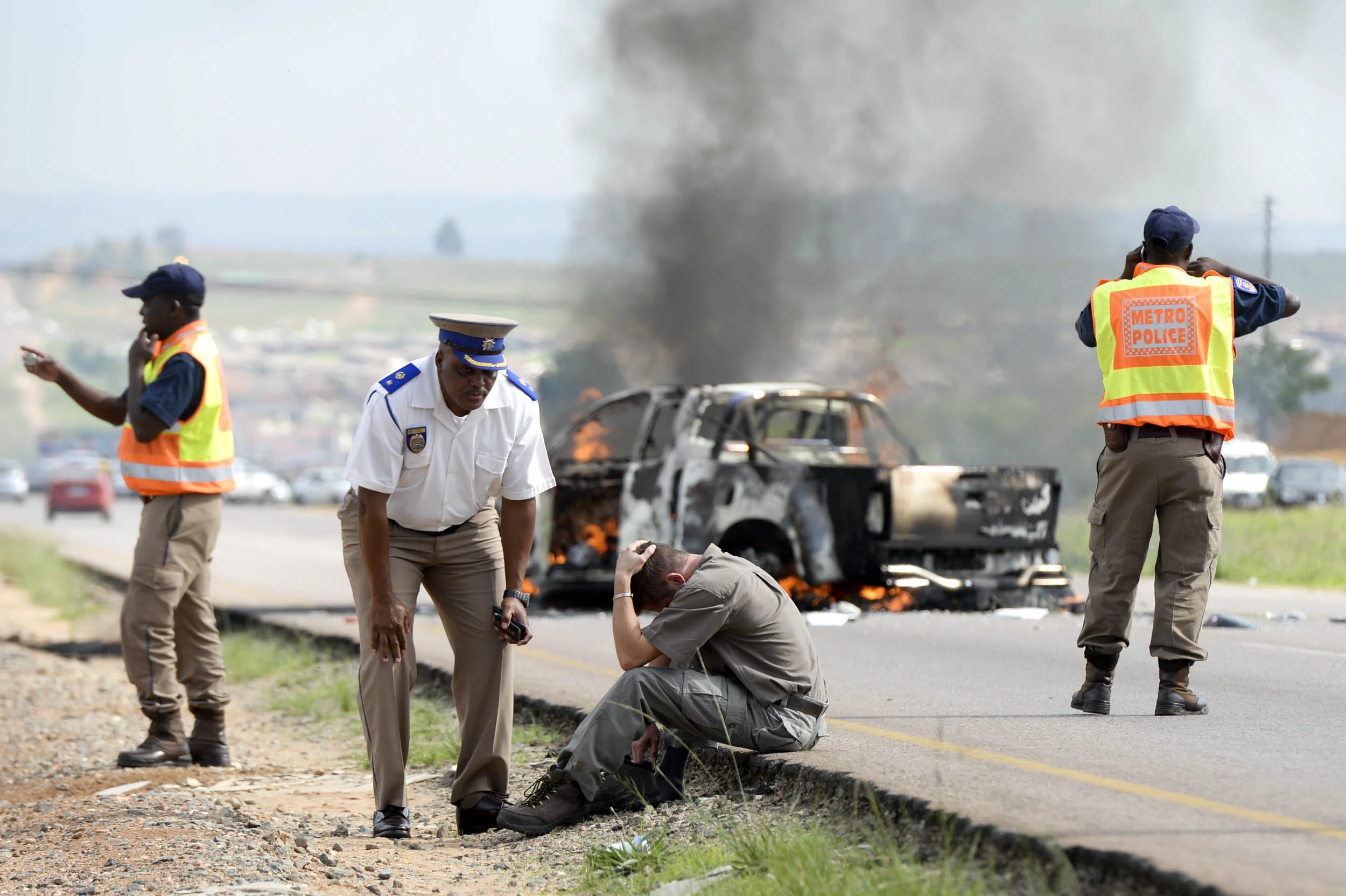  An accident in which a motorbike collided with a bakkie and then exploded.&nbsp; 