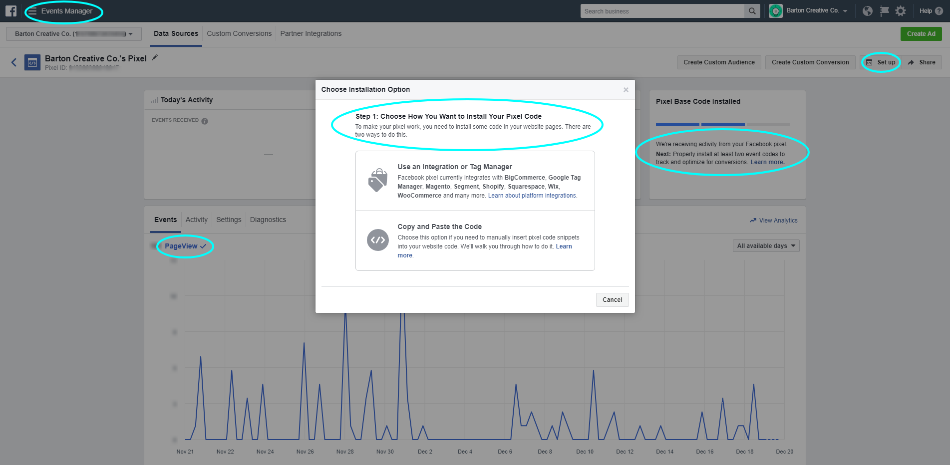 Facebook Business Events Manager Pixel settings | Facebook Pixel and Advertising 101: A How-To Guide for Small Businesses | Barton Creative Co.