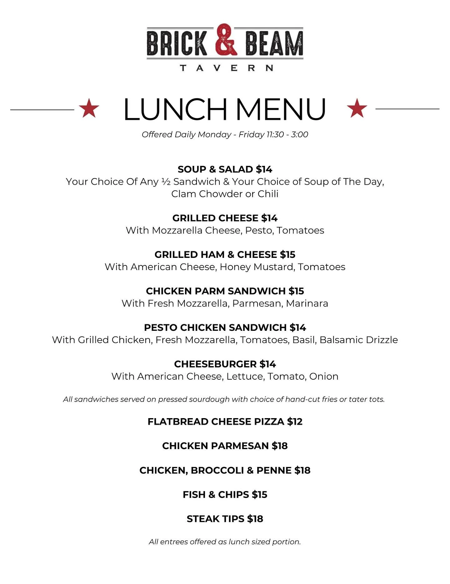 Did you hear? We&rsquo;re offering a new LUNCH MENU in addition to our full menu MONDAY - FRIDAY from 11:30 - 3:00 🍽️

Featuring exclusive sandwiches, lunch sized portions, and better prices! Come check it out! 🙌🏼