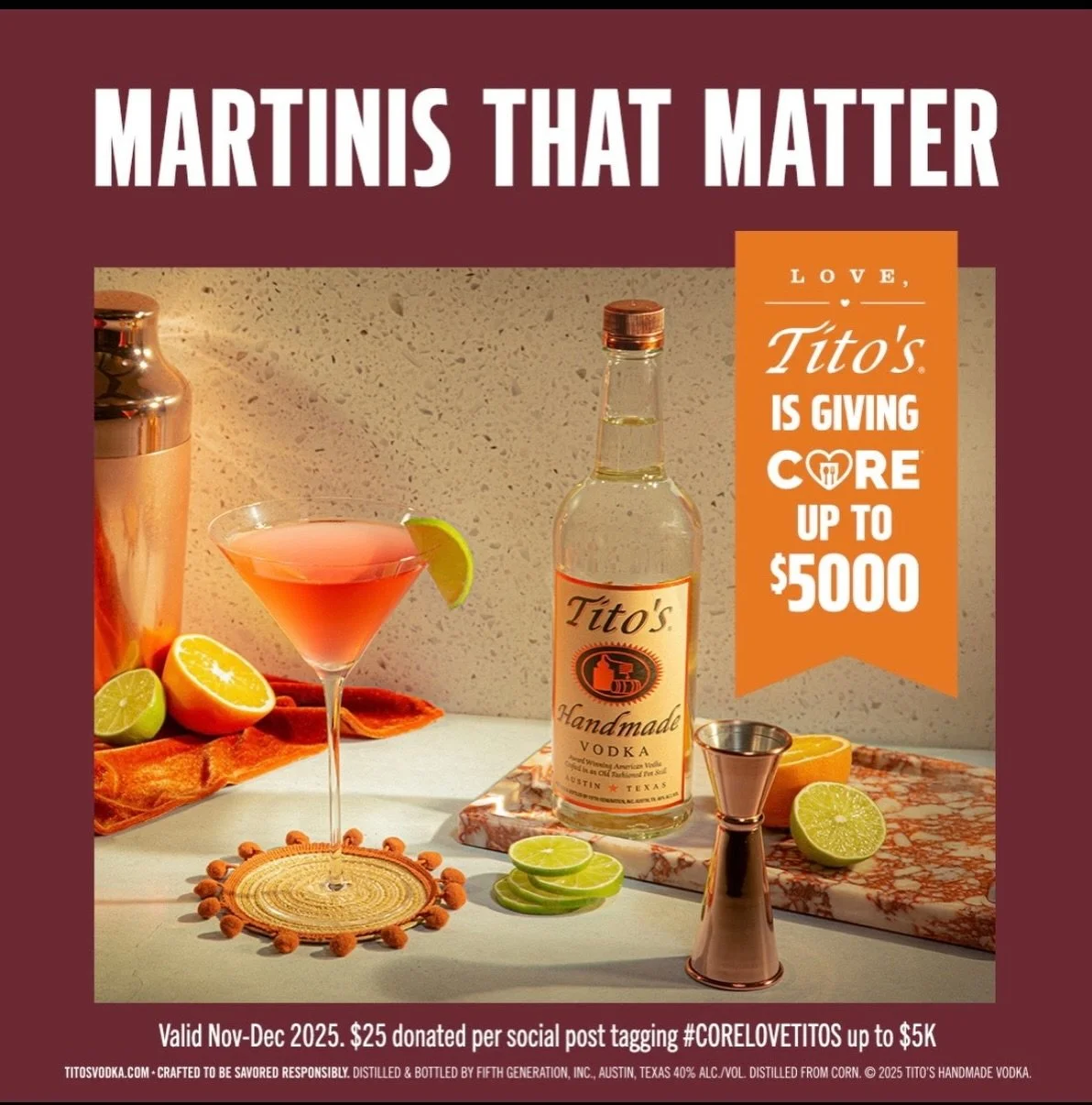 Martinis That Matter 🧡 We&rsquo;re teaming up with Tito&rsquo;s Handmade Vodka to support CORE - helping hospitality families in need. Every post shared using #CoreLoveTitos donates $25 to CORE, up to $5,000 total!

Let&rsquo;s raise a glass that gi