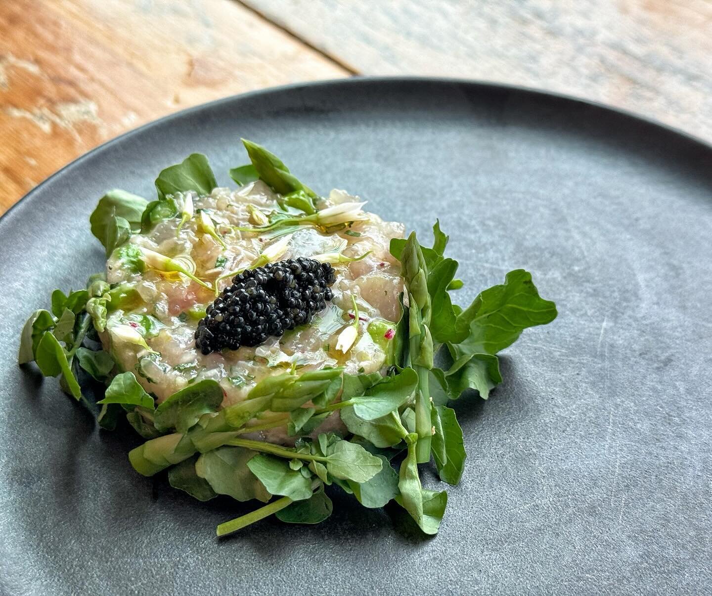 Spanish Mackerel Tartare &bull; Lemon Jam &bull; Shallots &bull; Radish &bull; Watercress &bull; Asparagus &bull; Wild Onion Blossoms &bull; Hackelback Caviar 
#tasty #fish #raw #portlandmaine #special #latergram