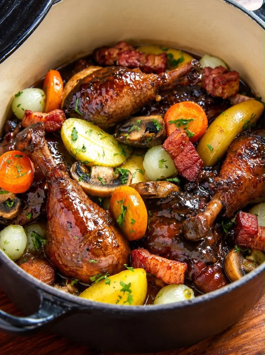 Our Coq Au Vin is marinated overnight in red wine and slow, cooked to juicy, tender perfection. Served with crispy bacon, fingerling potatoes, cremini mushrooms, carrots, and pearl onions.

Comforting, rich in flavor, and perfect for weather like tod