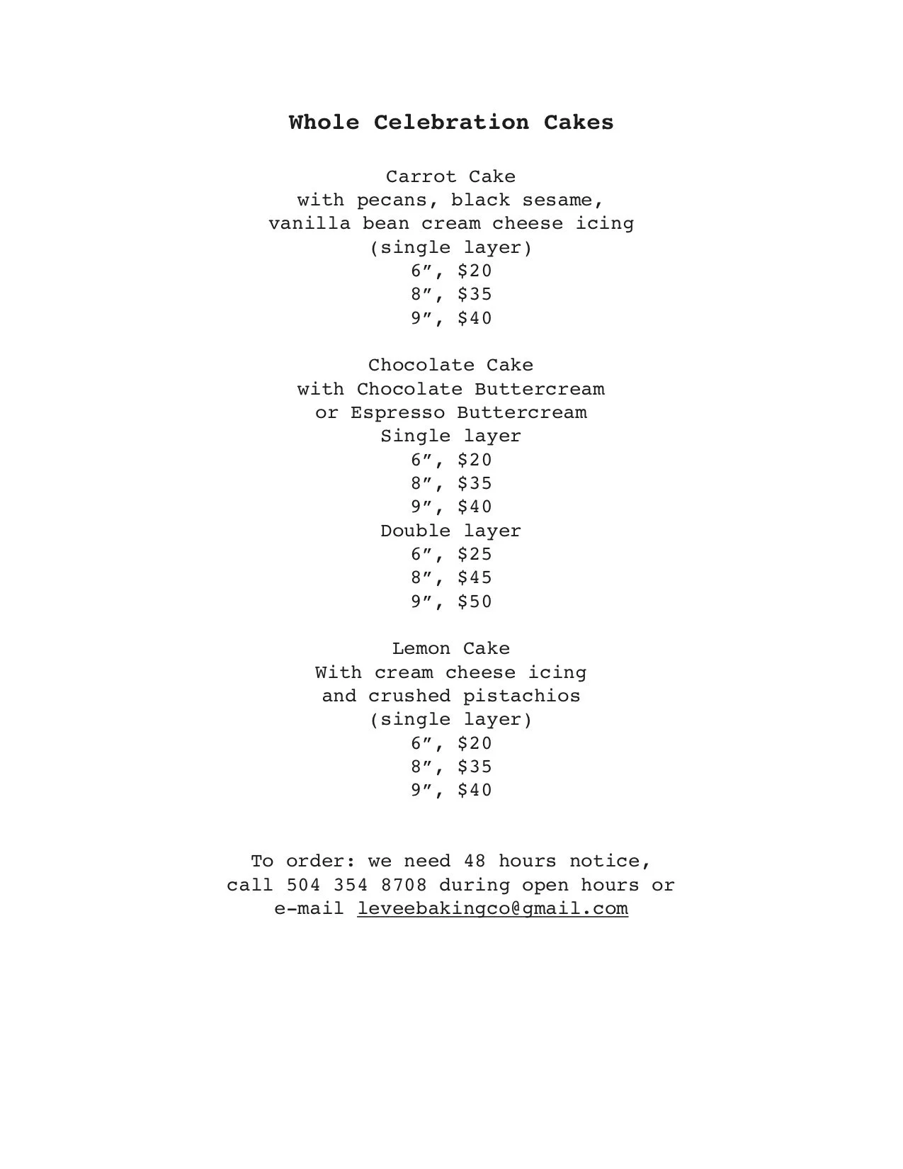 Cake Menu — Levee Baking Co.