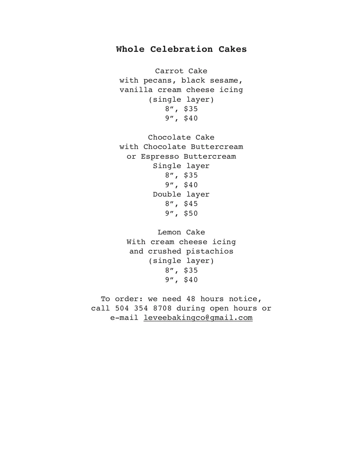 Menu — Levee Baking Co.