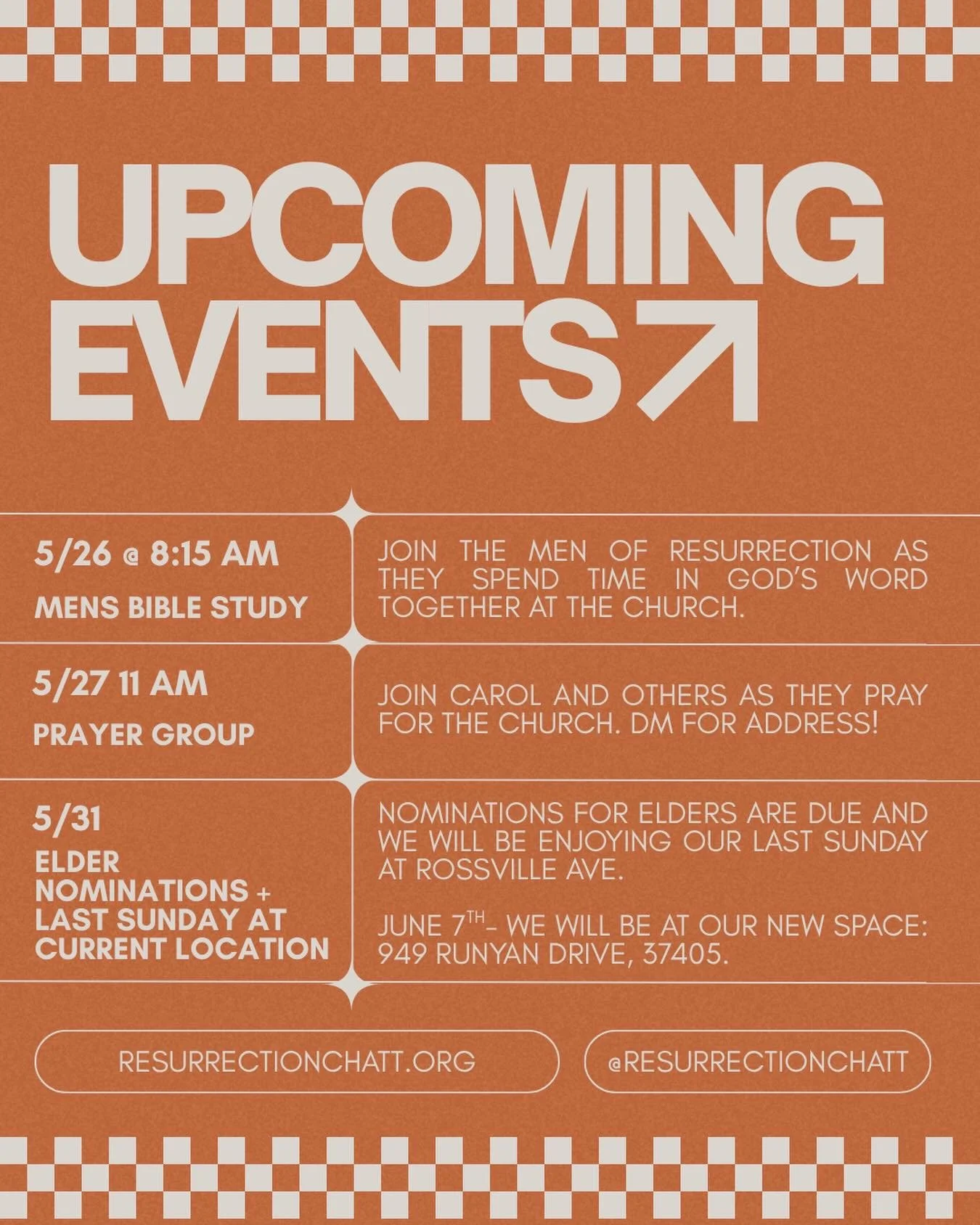 Exciting things happening at the church this week! In addition to Men&rsquo;s Bible study + prayer time, we will be enjoying our last Sunday in our current space and elder nominations. Happy Monday!