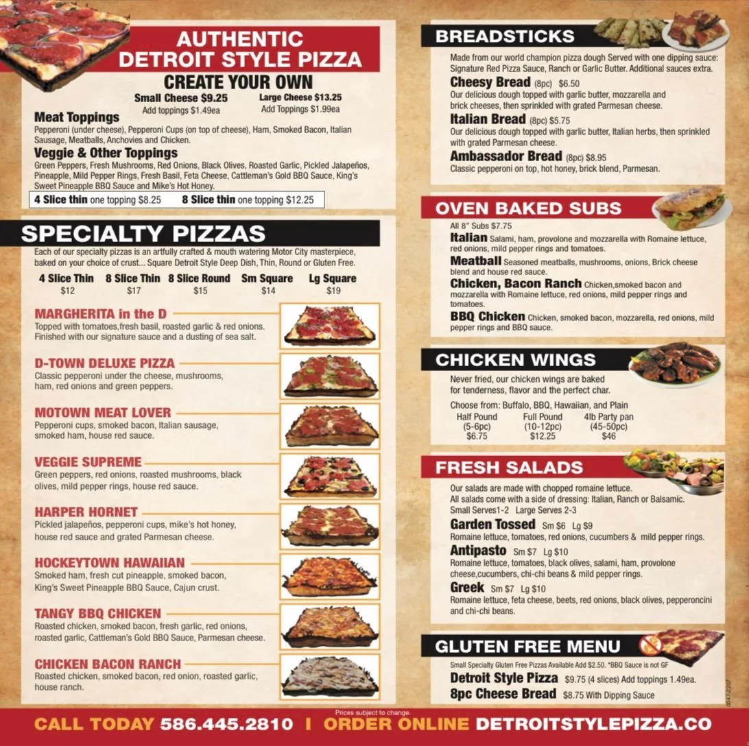 Our Menu—Detroit Style Pizza Company