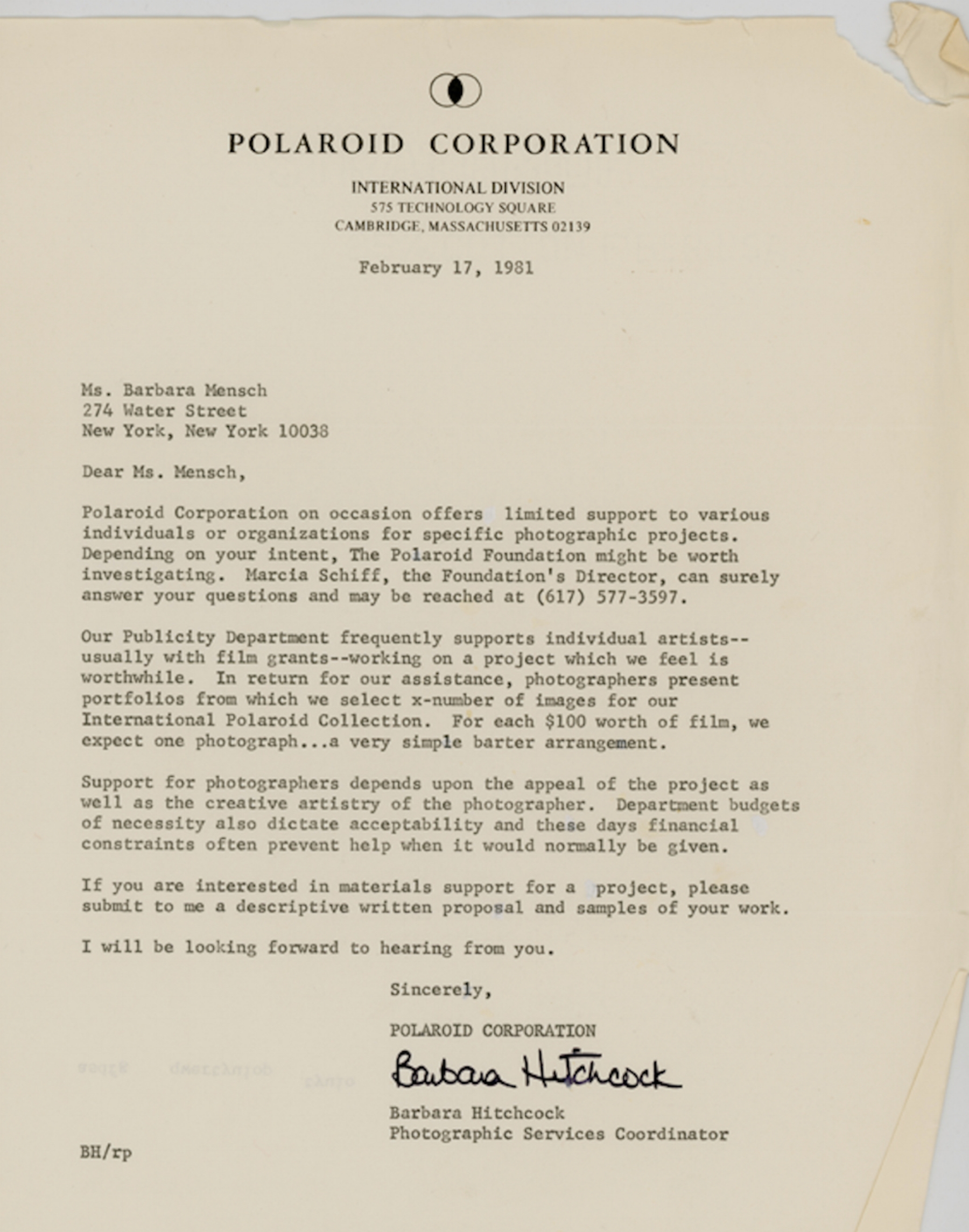 Letter from Polaroid Corporation