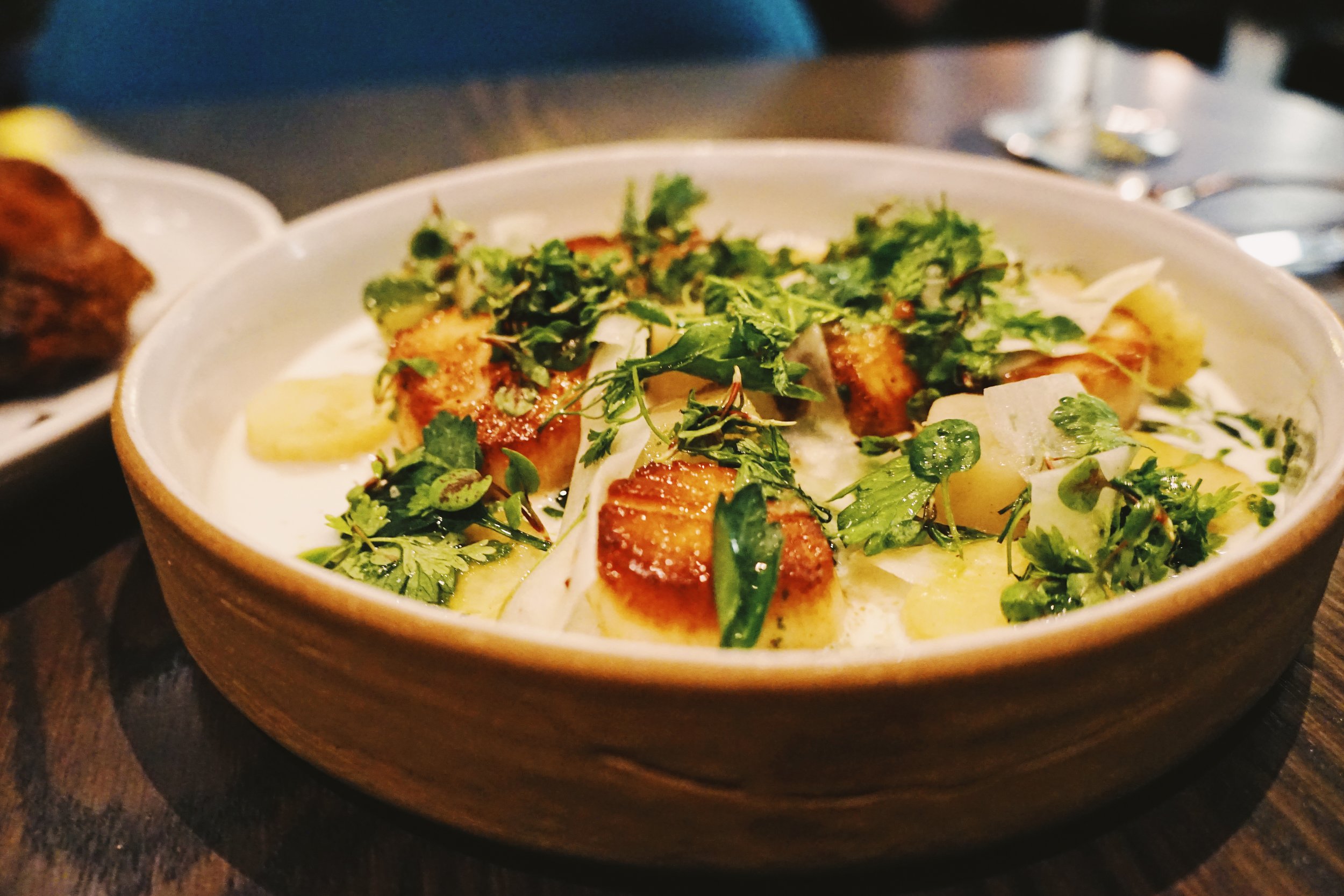  Seared Scallops with White Yam, Salsify, Buttermilk, and Sorrel. 