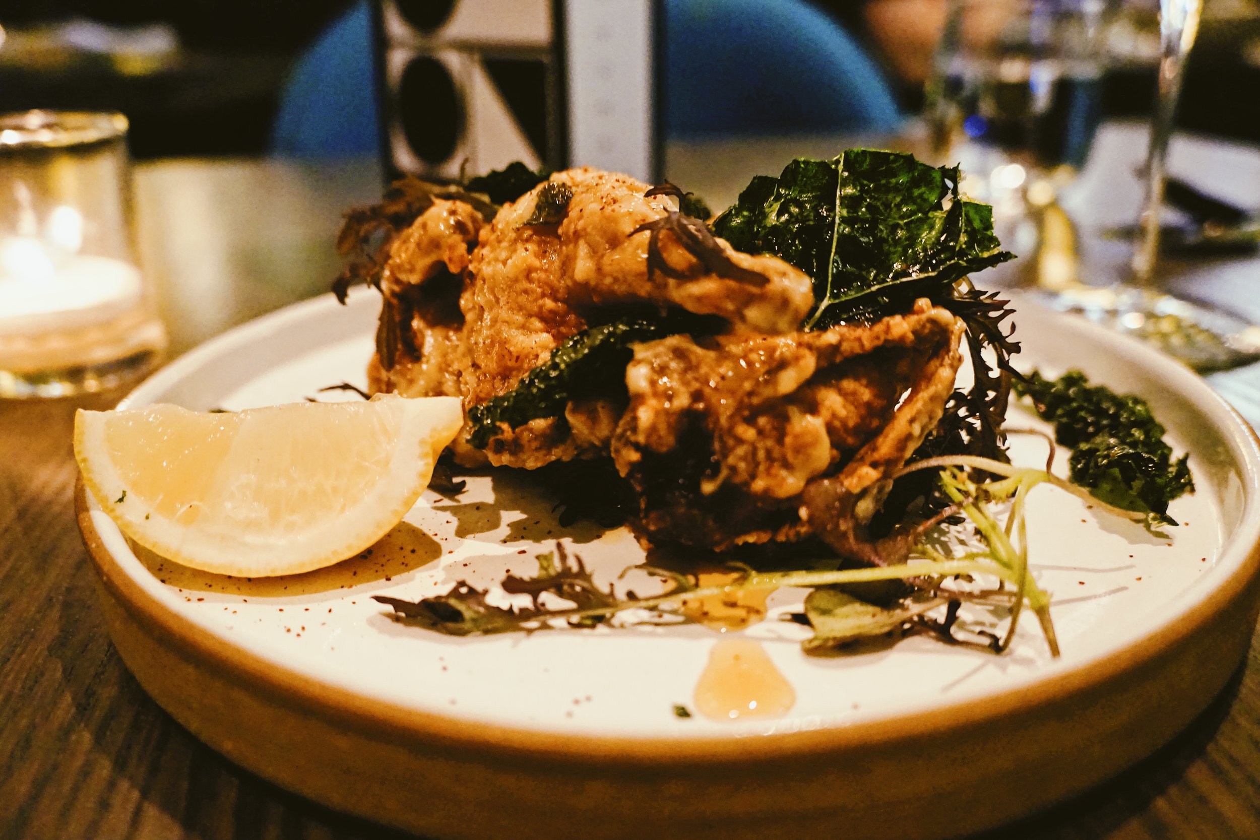 Fried Quail with Cashew Butter and Smoked Date Honey.