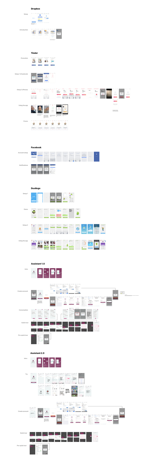 Billedet er lidt svært at se, når det er så småt, men basically er det screenshots af alle skærme inden man kommer direkte ind i appen for hhv. Tinder, Duolingo, Facebook, Dropbox og så med sammenligning til vores app.