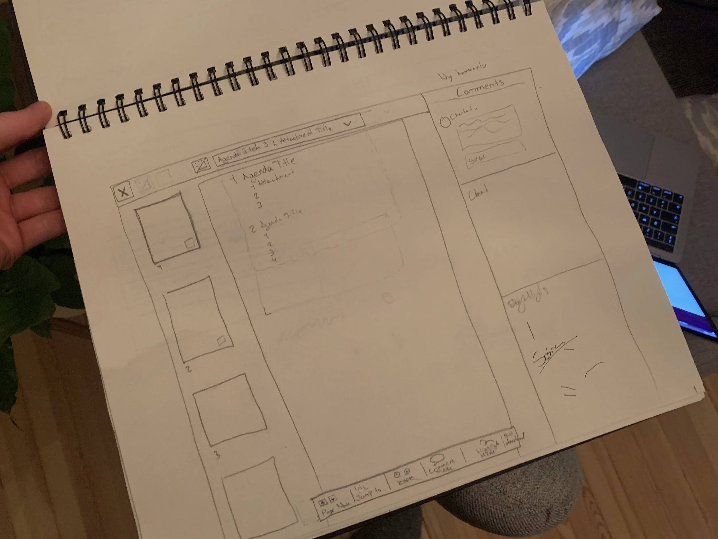 Wireframe til vores document view med mulighed for at kommentere og highlighte. Det giver lige en fornemmelse af det hele inden jeg bygger det i Sketch. Og tager kun 5 min alligevel at lave i hånden.