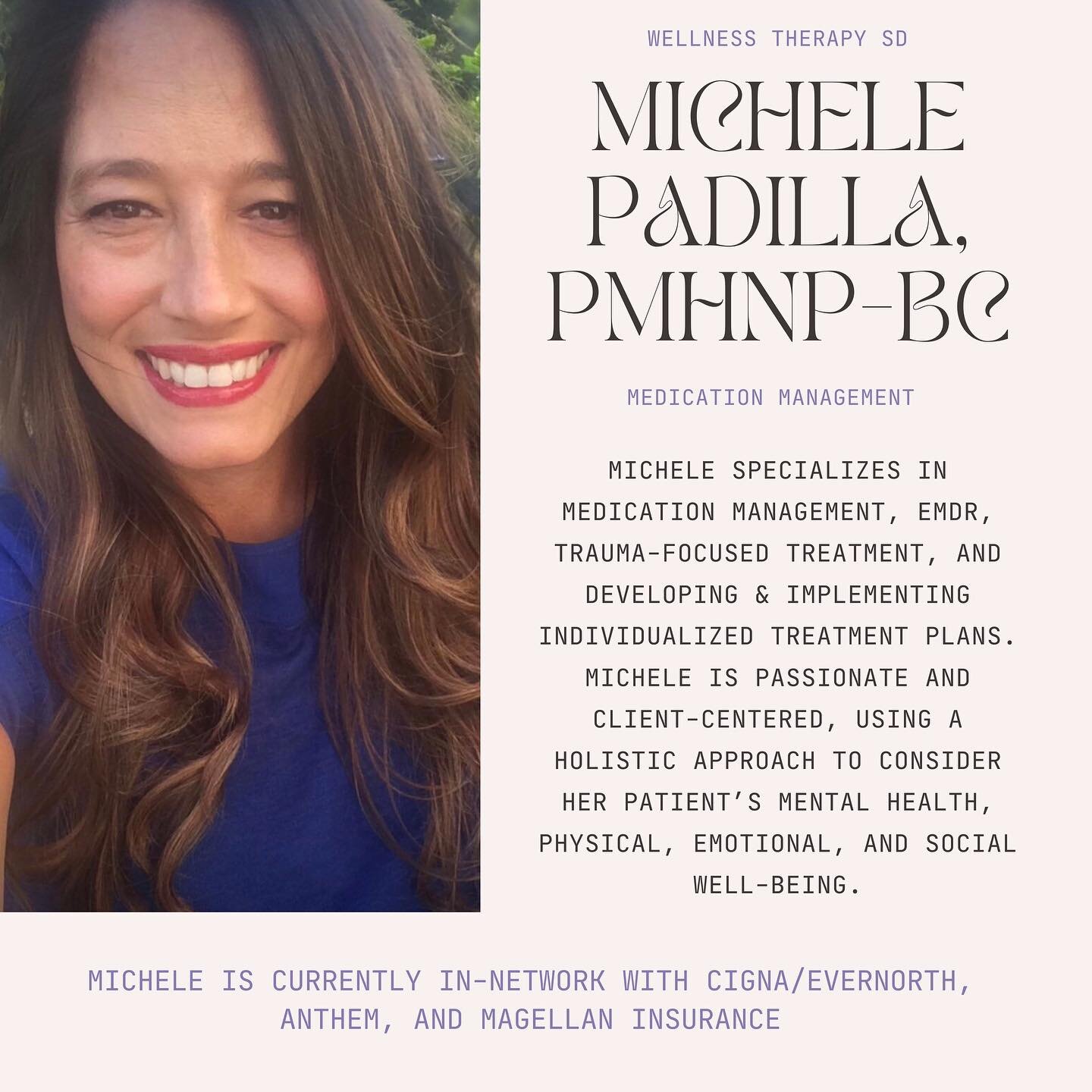 Highlighting our amazing Nurse Practitioner- Michele Padilla!
Michele Padilla, PMHNP-BC, is currently accepting new clients! Click the link in our bio to schedule an appointment! 

#wellness #sandiego #sandiegotherapist #mentalhealth #psychology #min