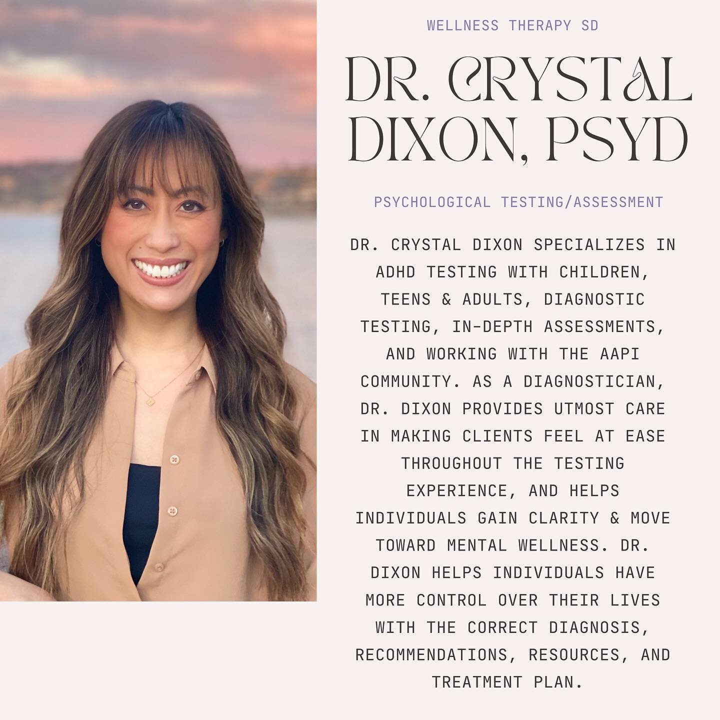 Dr. Dixon is currently accepting new clients! Click the link in our bio to learn more about our Psychological Testing/Assessment service! 

#assessment #wellness #psychology #sandiego #sandiegotherapist #california #testing #selfcare #selfimprovement