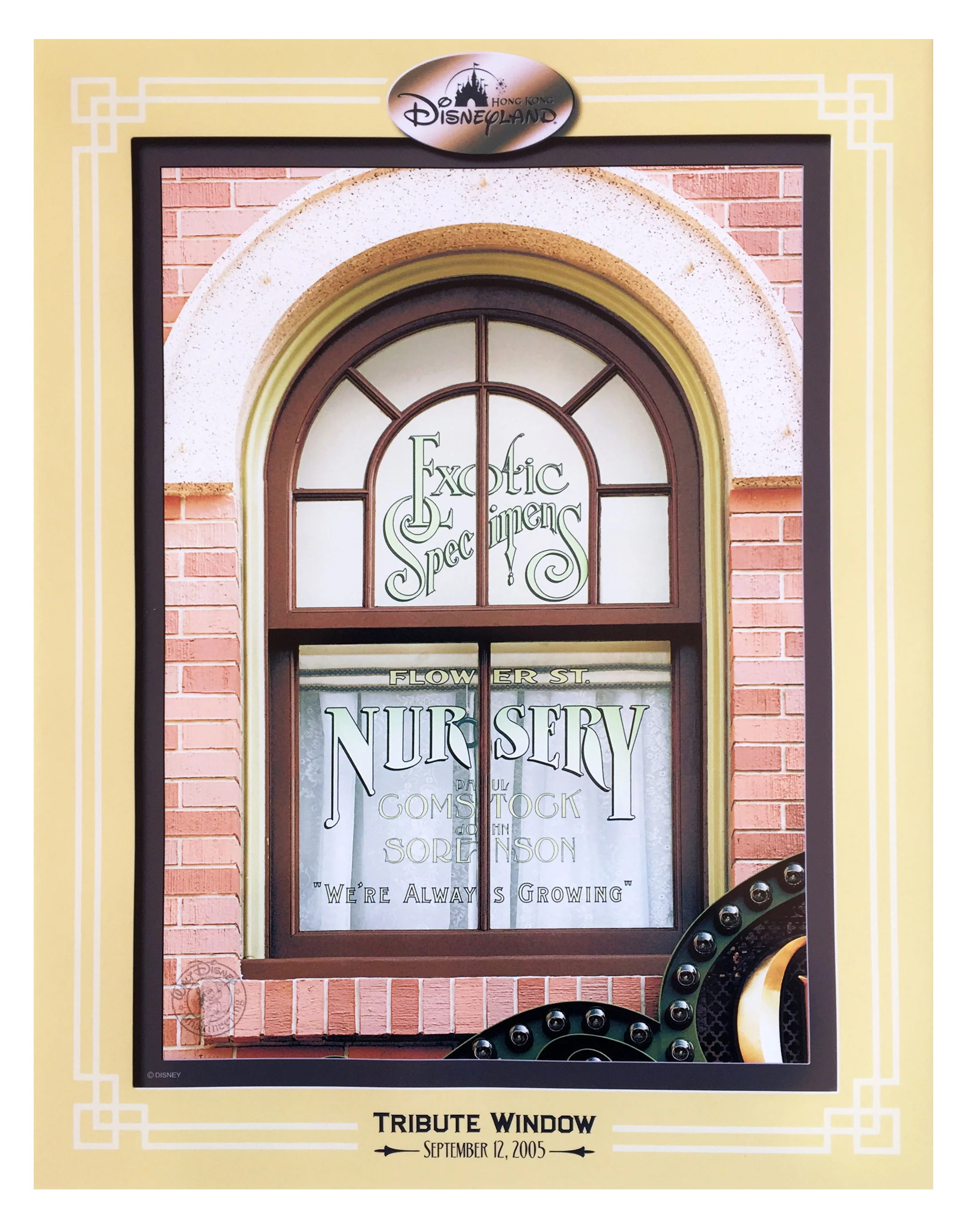The Walt Disney Company honored Comstock with a window on Main Street over the Curiosity Shop, proclaiming " Landscape Specialists - we're always growing" .