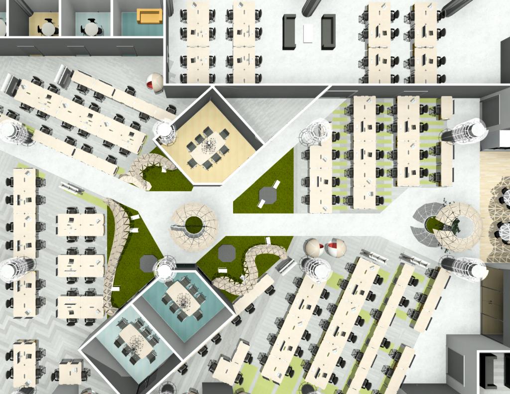 The 2nd floor floor layout for large areas of open desk co-working.