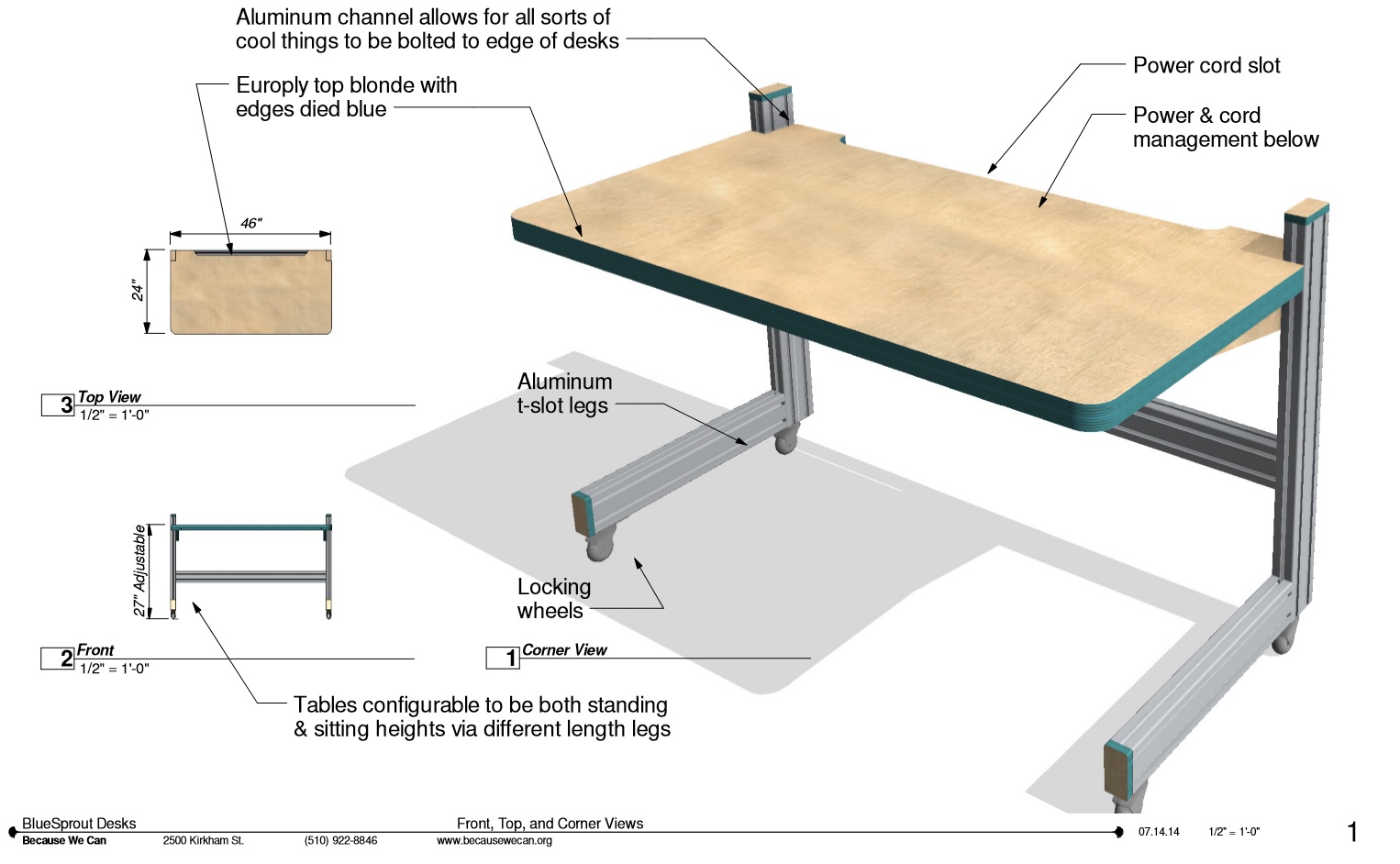 ndividual adjustable height work tables designed for the co-working space.
