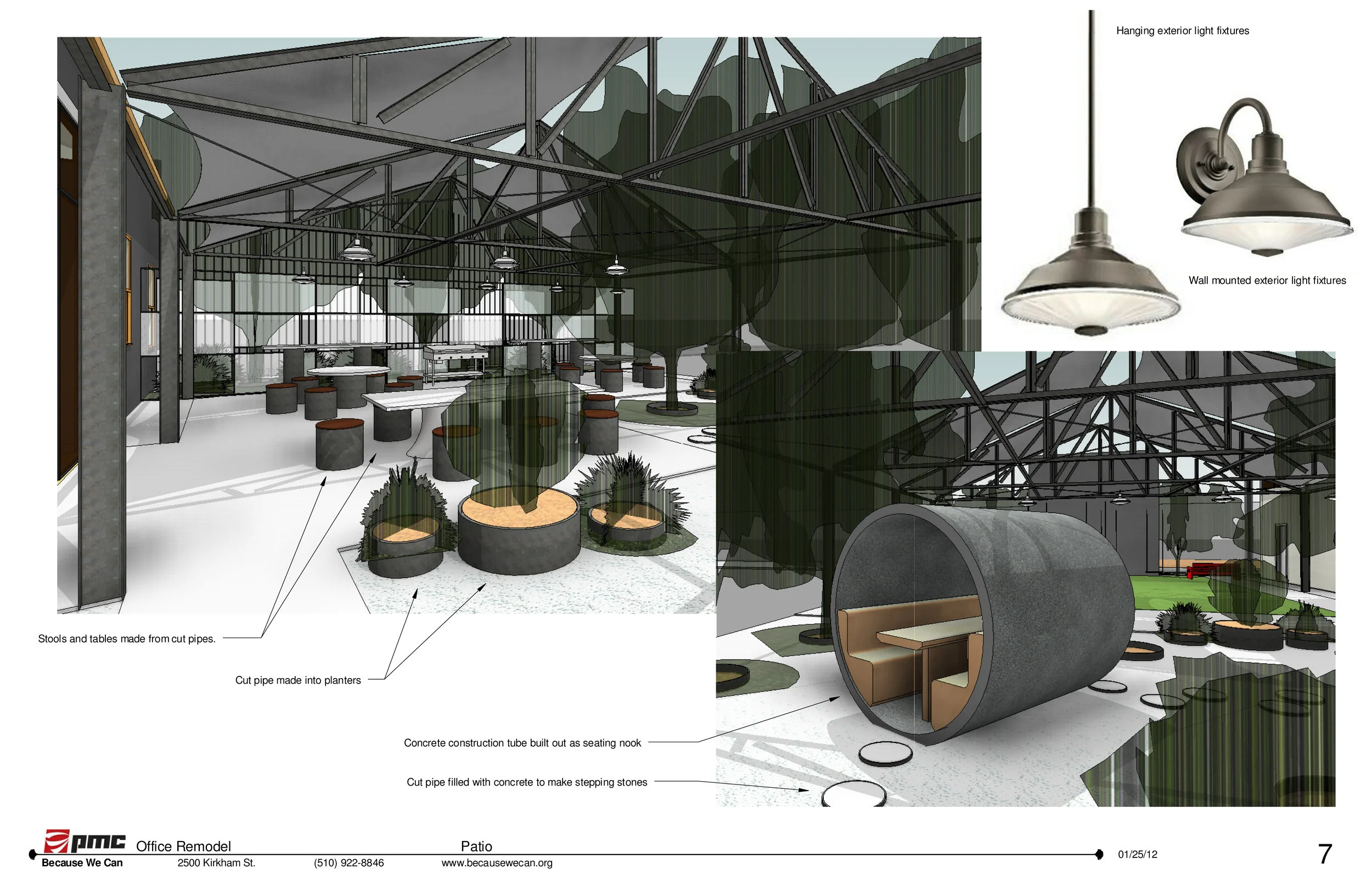 This exterior courtyard for company events has been designed with a playful nod to the company's use of large concrete tubes in their industry. Planters, stools and seating nooks have been created using this surplus product the company has around anyway.