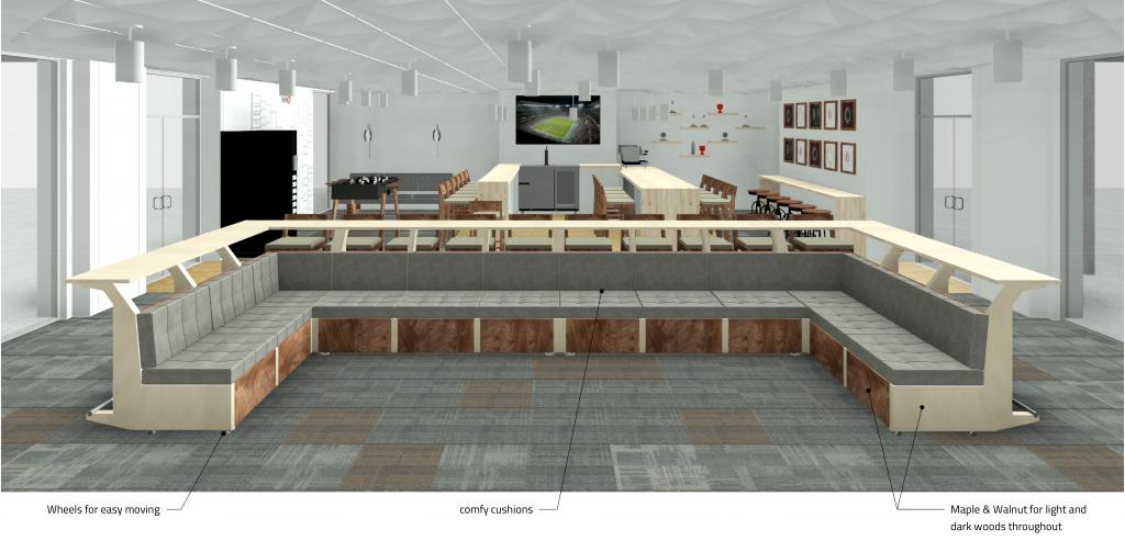 Our design for the seating is reconfigurable for many uses. This couch design has two tiers of seating with stool-seating on the back. It comes apart to open up space on the floor when necessary.