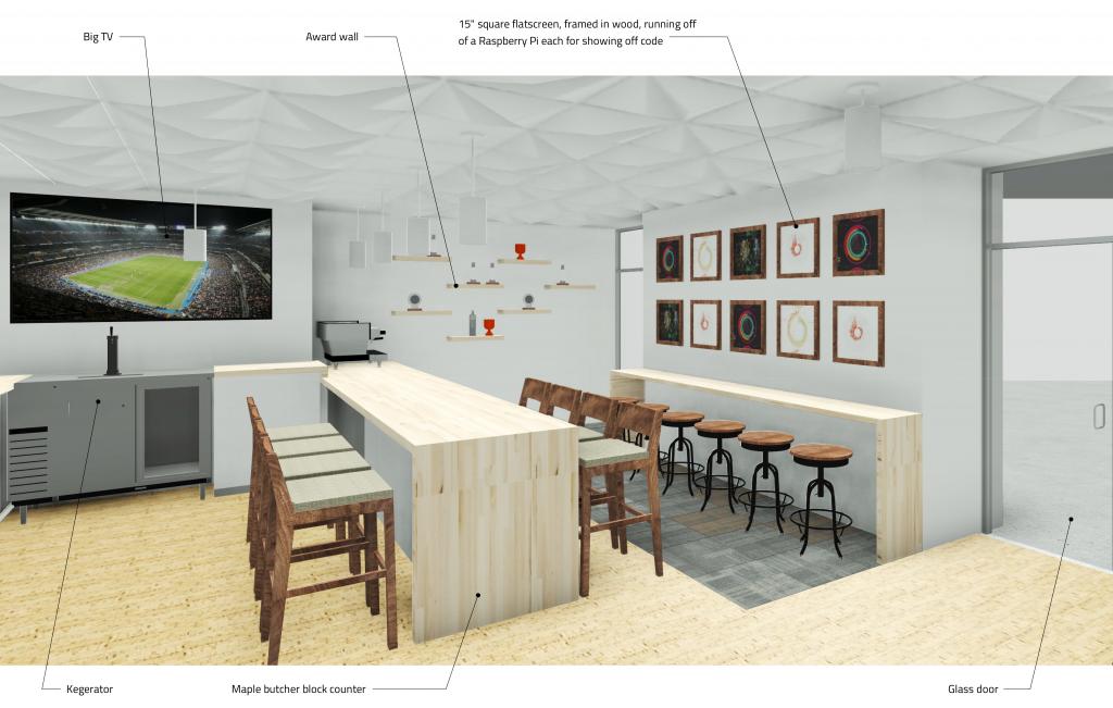  In this design for the staff lounge we proposed a counter table for coding competitions. The framed displays on the wall show can be accessed to show off the live code. 