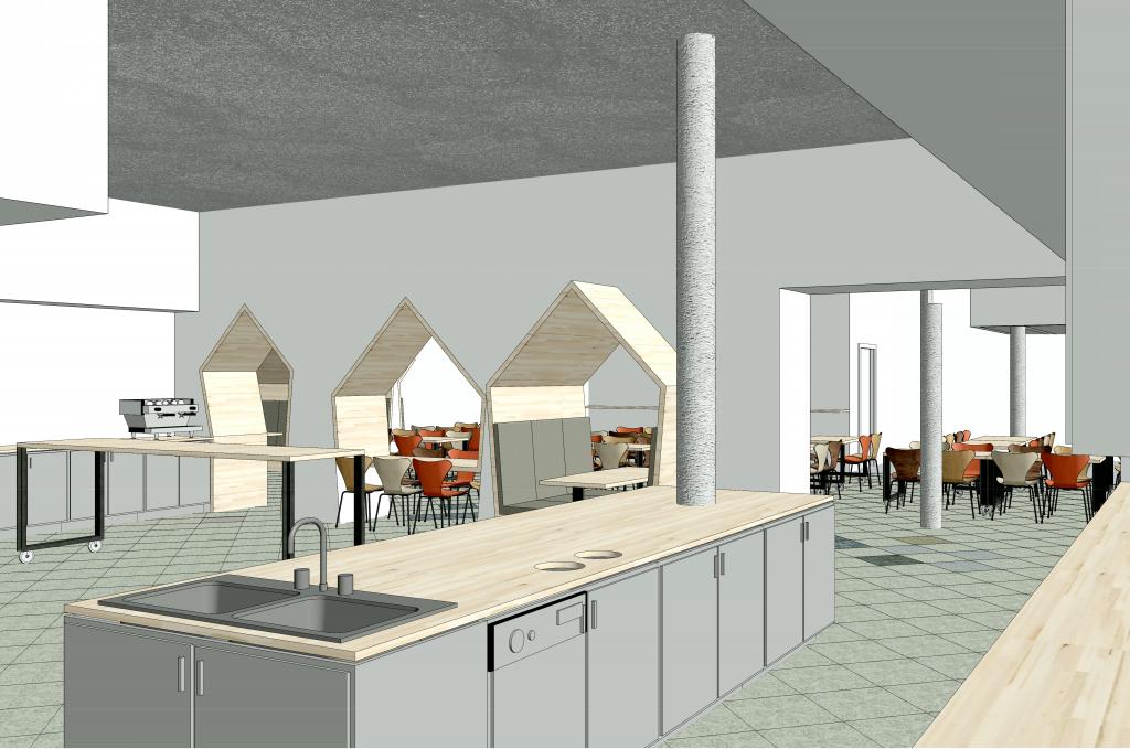  The kitchen break room and cafeteria: now with configurable tables, an accessible bar, and a view of the fun peaked booth nooks.&nbsp; 