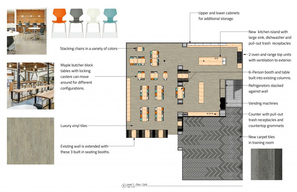 The downstairs floor plan shows opening the walls to add natural light into the whole space. A splash of vibrant colors and earth tones in the furniture and built ins, gives a much added refresh to the existing space. 